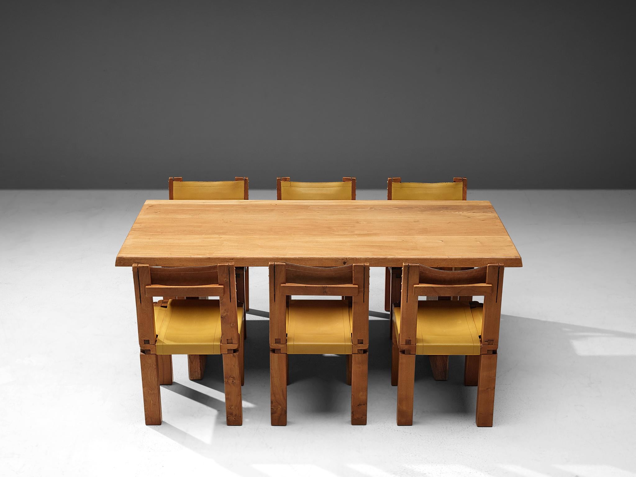 Mid-Century Modern Pierre Chapo T14C Table and S11 Chairs Dining Set in Elm and Leather
