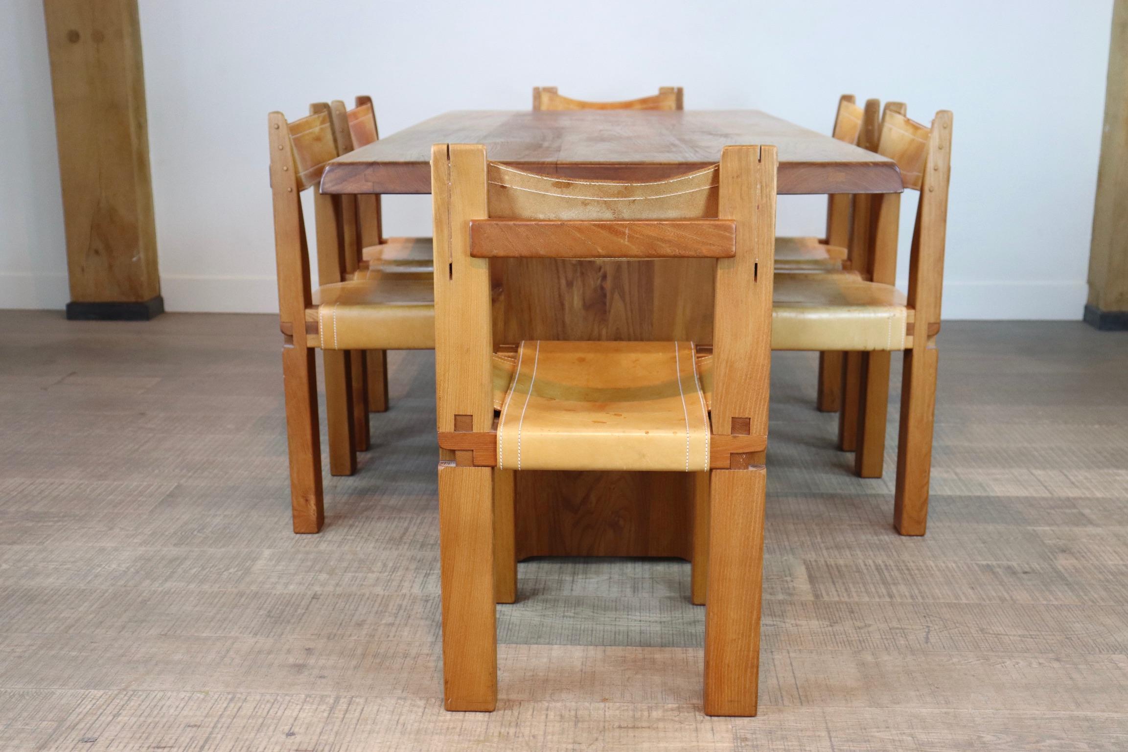 Pierre Chapo T14C Table and S11 Chairs Dining Set in Elm and Leather In Good Condition In ABCOUDE, UT
