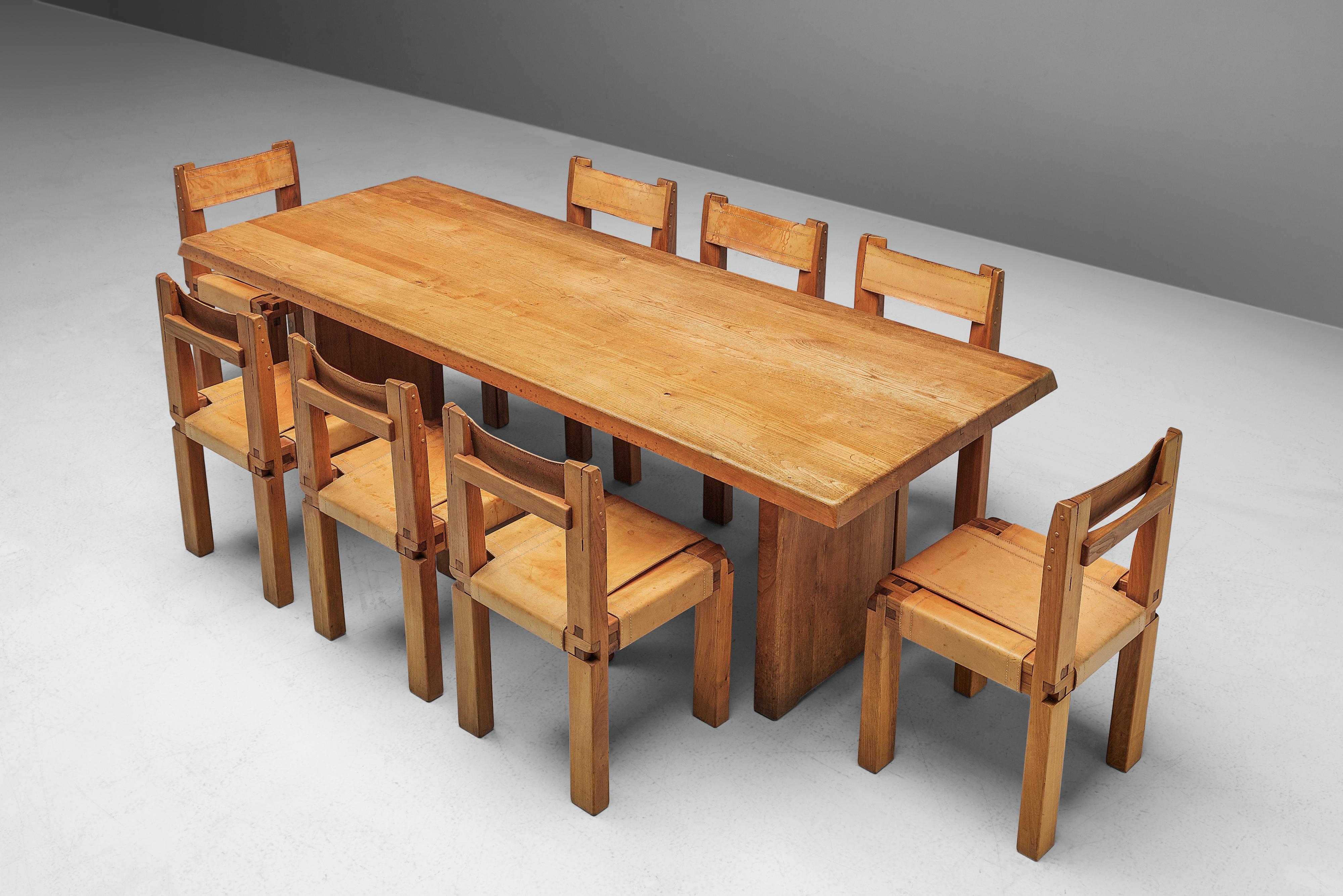 French Pierre Chapo T14C Table and S11 Chairs Dining Set in Elm and Leather