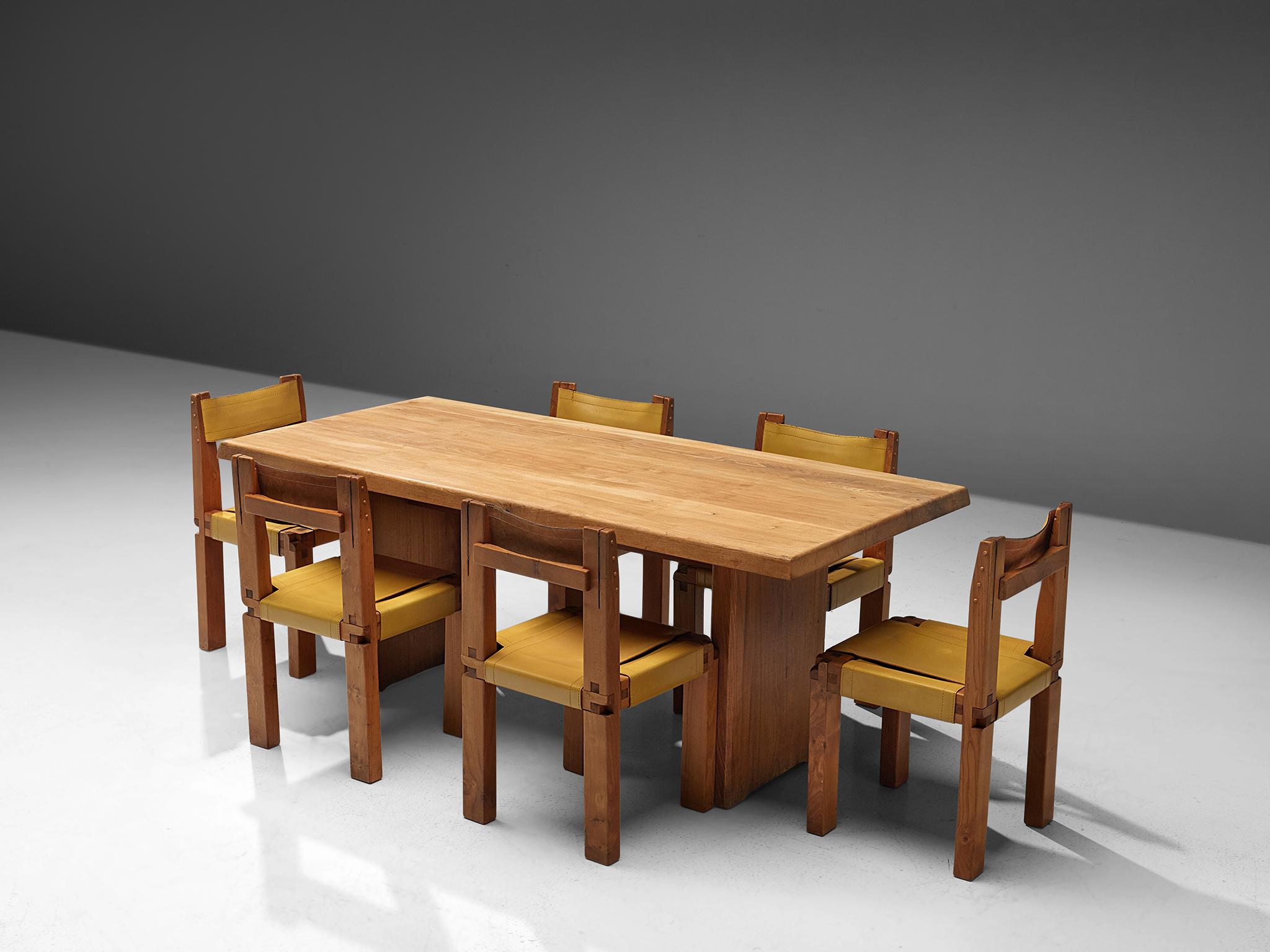 French Pierre Chapo T14C Table and S11 Chairs Dining Set in Elm and Leather