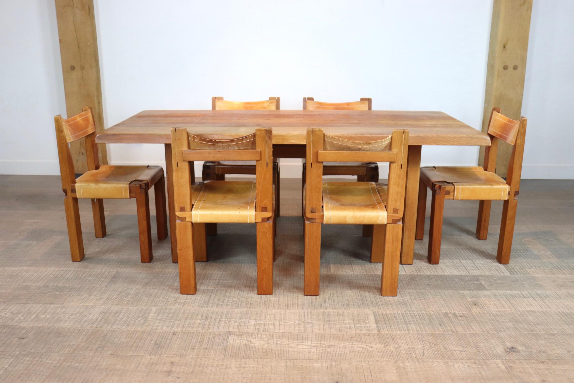 Mid-20th Century Pierre Chapo T14C Table and S11 Chairs Dining Set in Elm and Leather