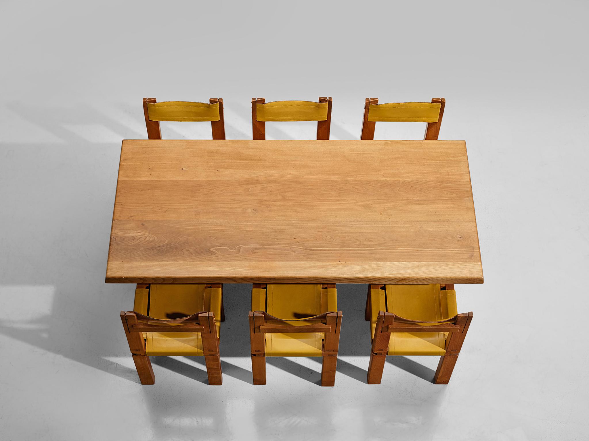 Pierre Chapo T14C Table and S11 Chairs Dining Set in Elm and Leather In Good Condition In Waalwijk, NL