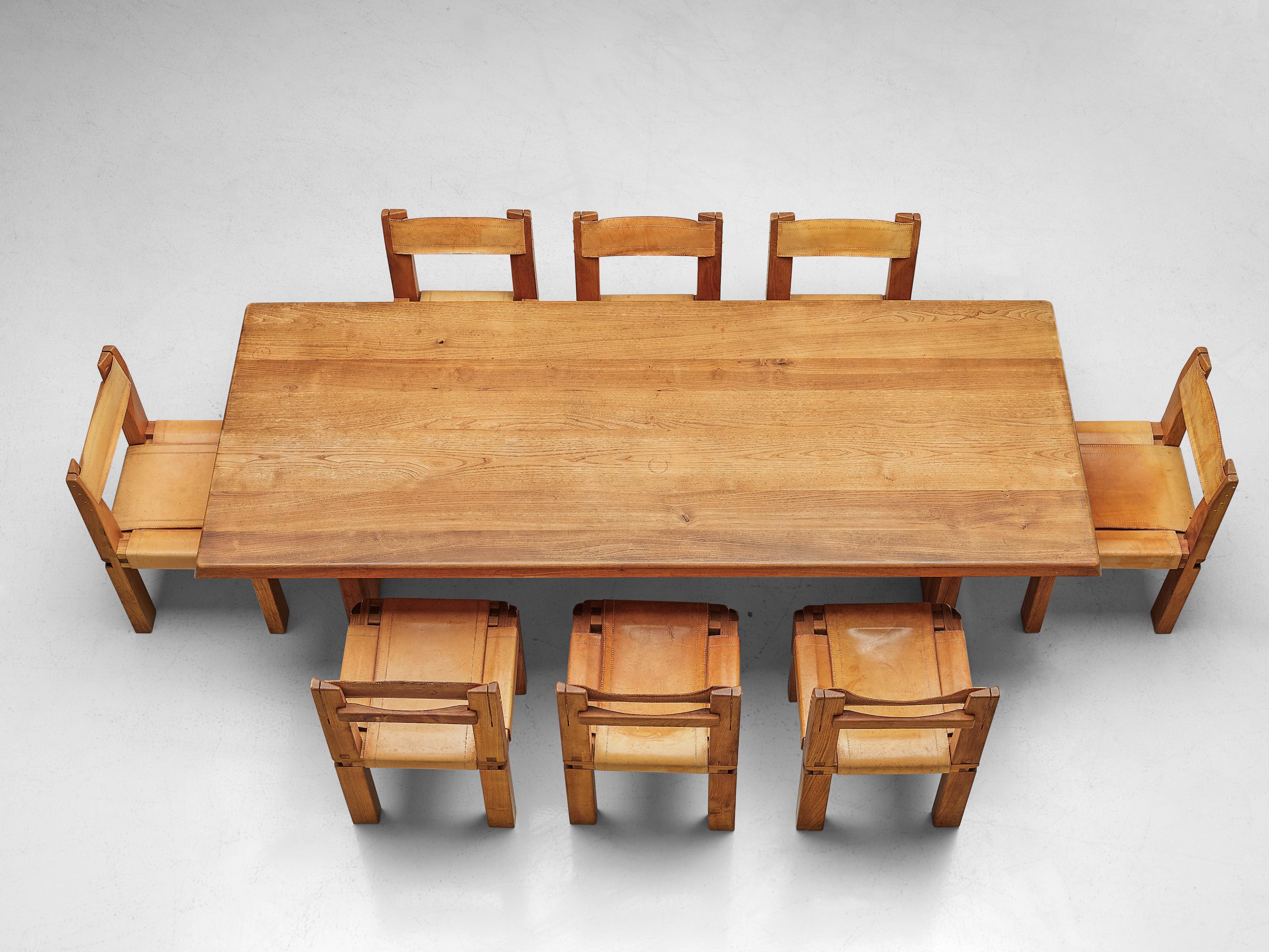 Mid-20th Century Pierre Chapo T14C Table and S11 Chairs Dining Set in Elm and Leather