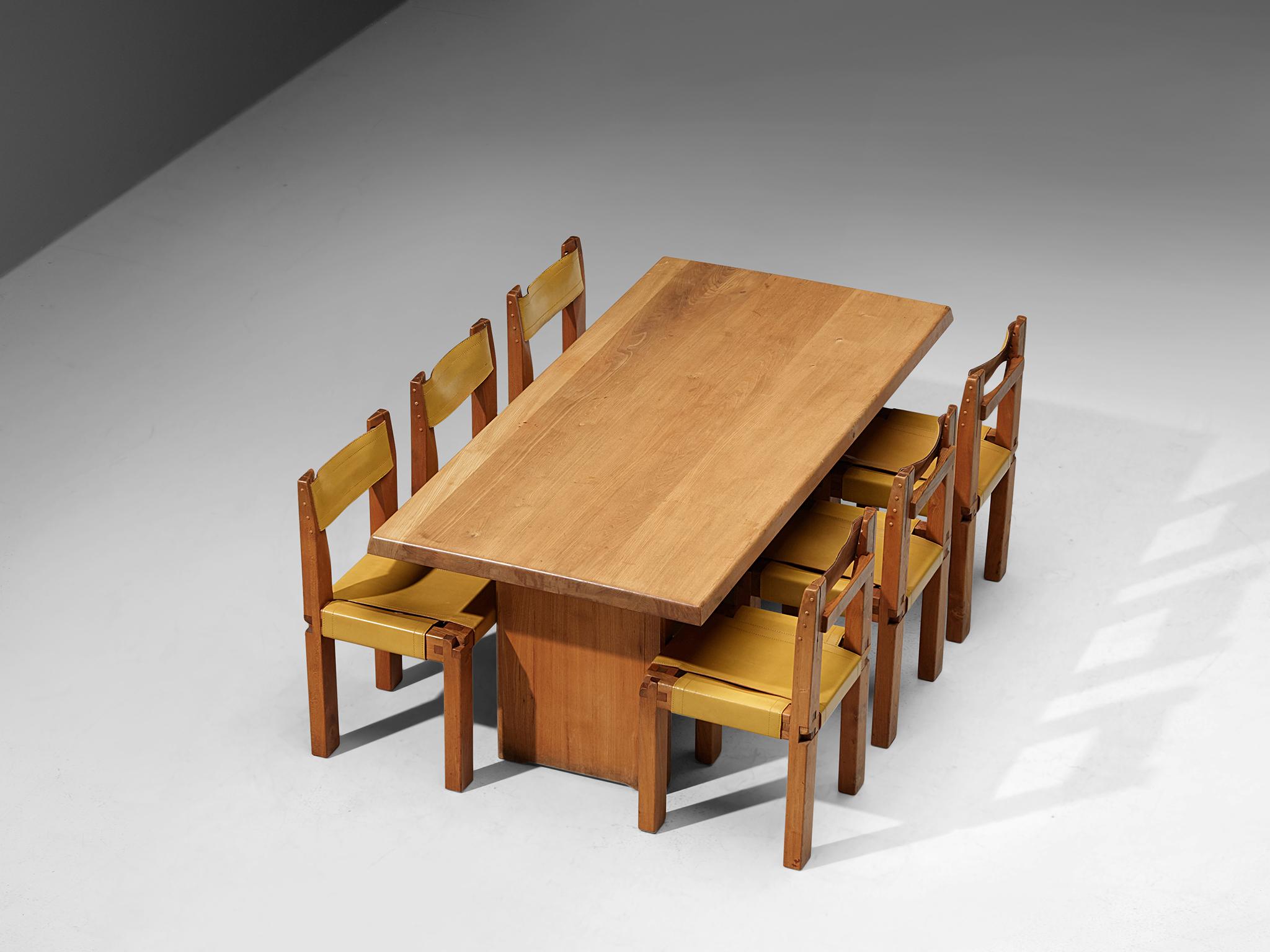 Mid-20th Century Pierre Chapo T14C Table and S11 Chairs Dining Set in Elm and Leather