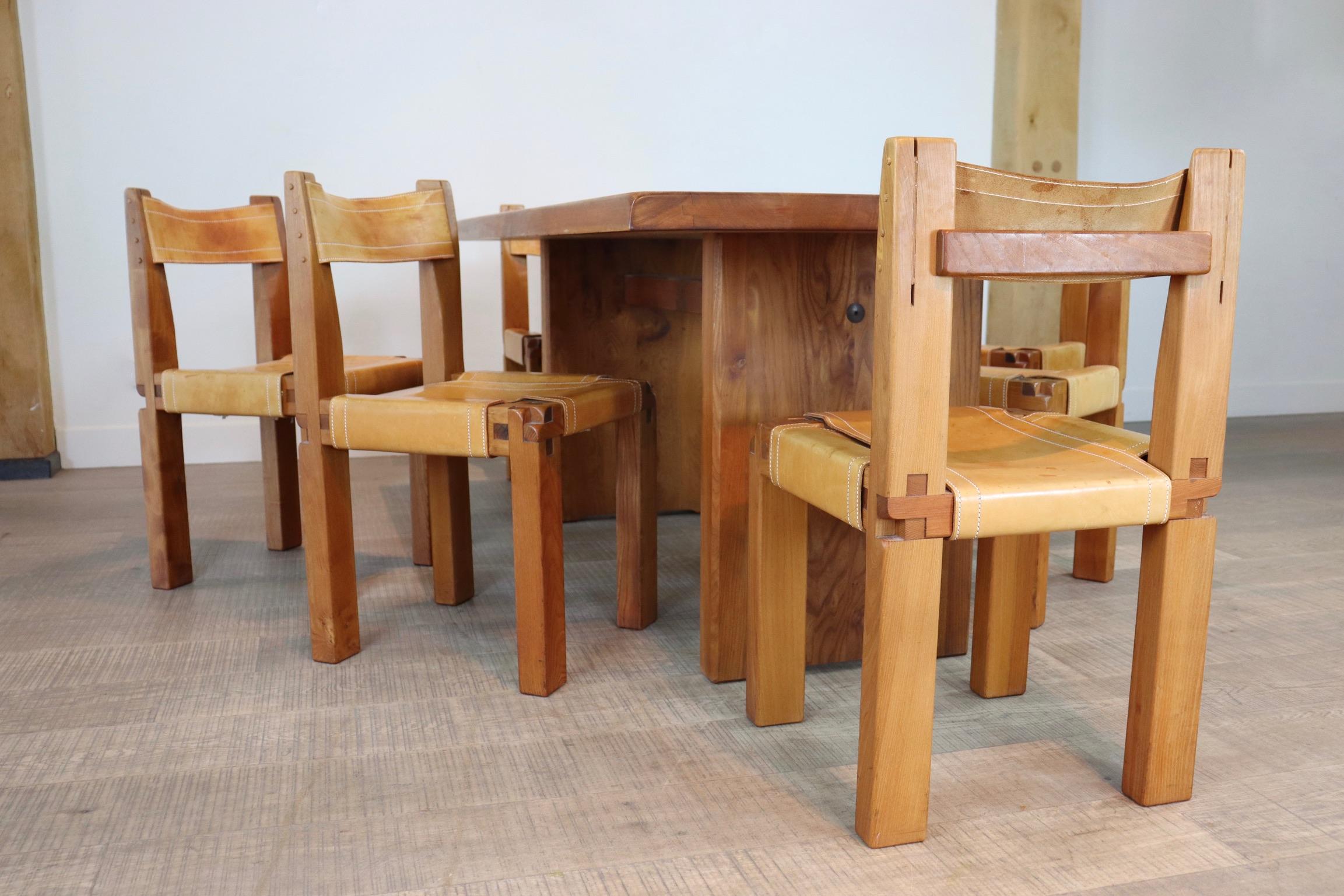 Pierre Chapo T14C Table and S11 Chairs Dining Set in Elm and Leather 2