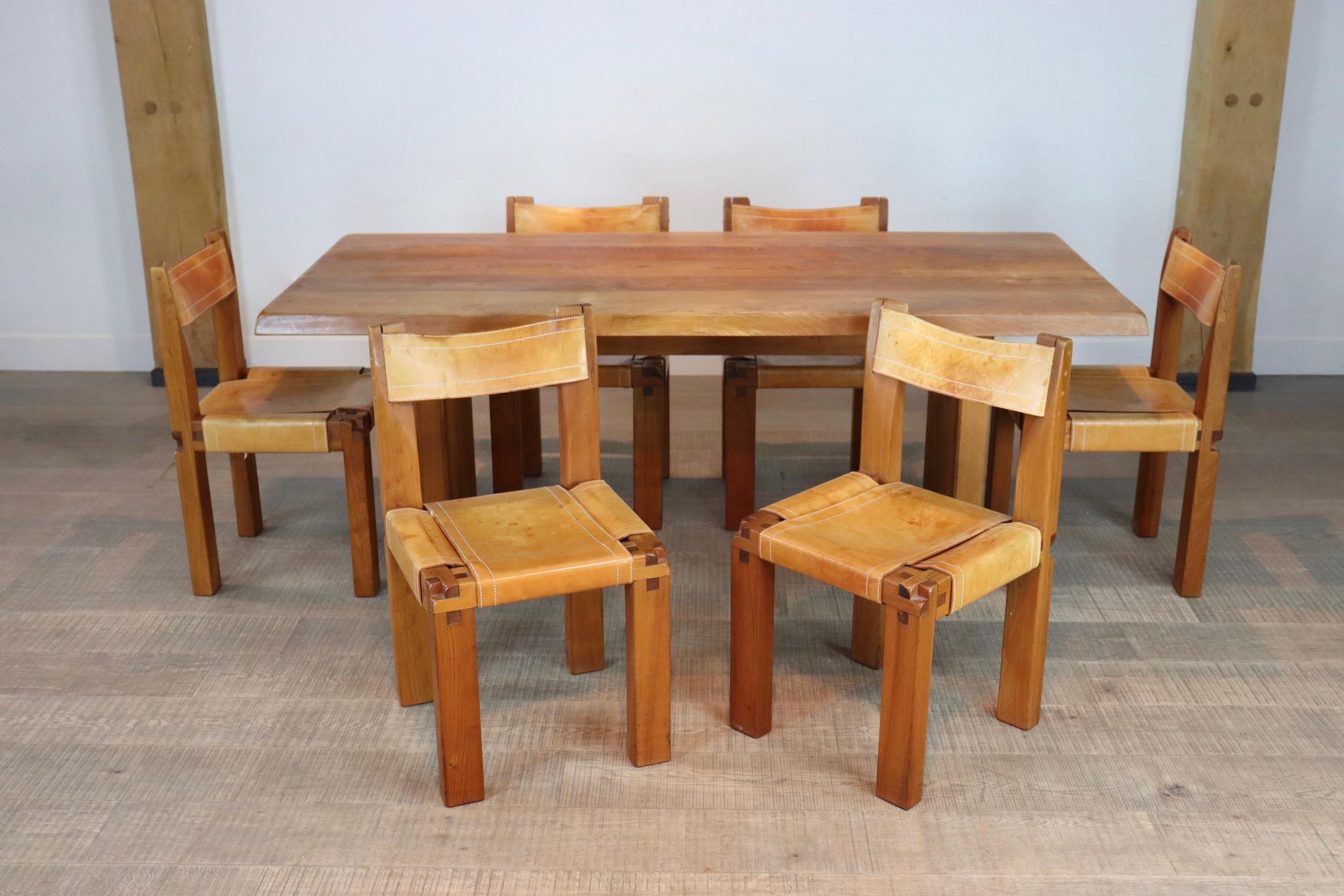 Pierre Chapo T14C Table and S11 Chairs Dining Set in Elm and Leather 3