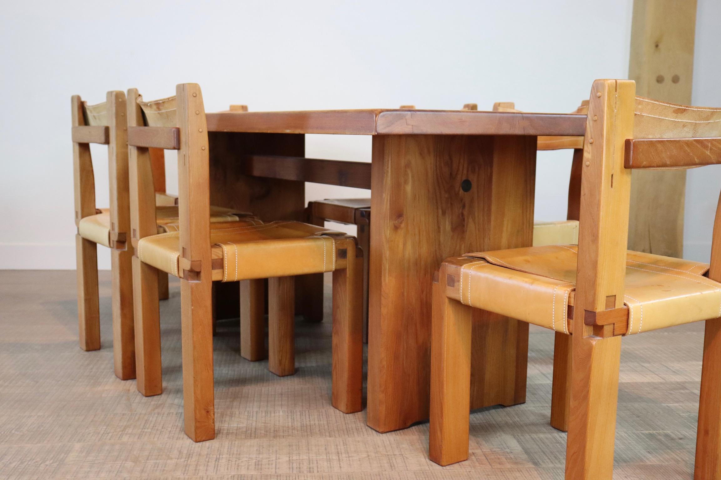 Pierre Chapo T14C Table and S11 Chairs Dining Set in Elm and Leather 4