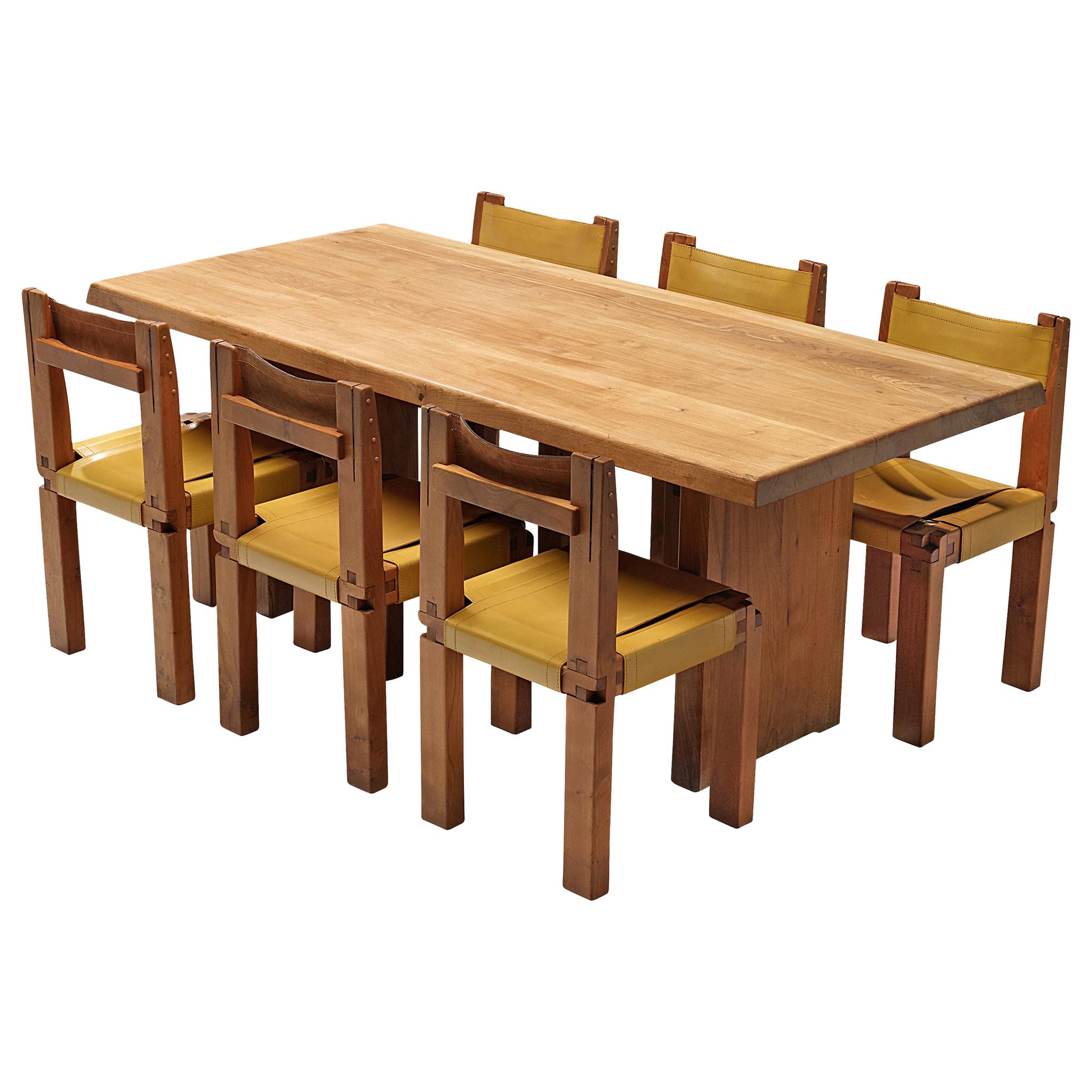 Pierre Chapo T14C Table and S11 Chairs Dining Set in Elm and Leather