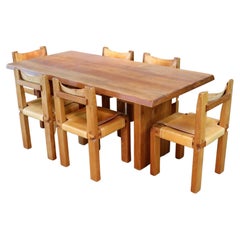 Pierre Chapo T14C Table and S11 Chairs Dining Set in Elm and Leather