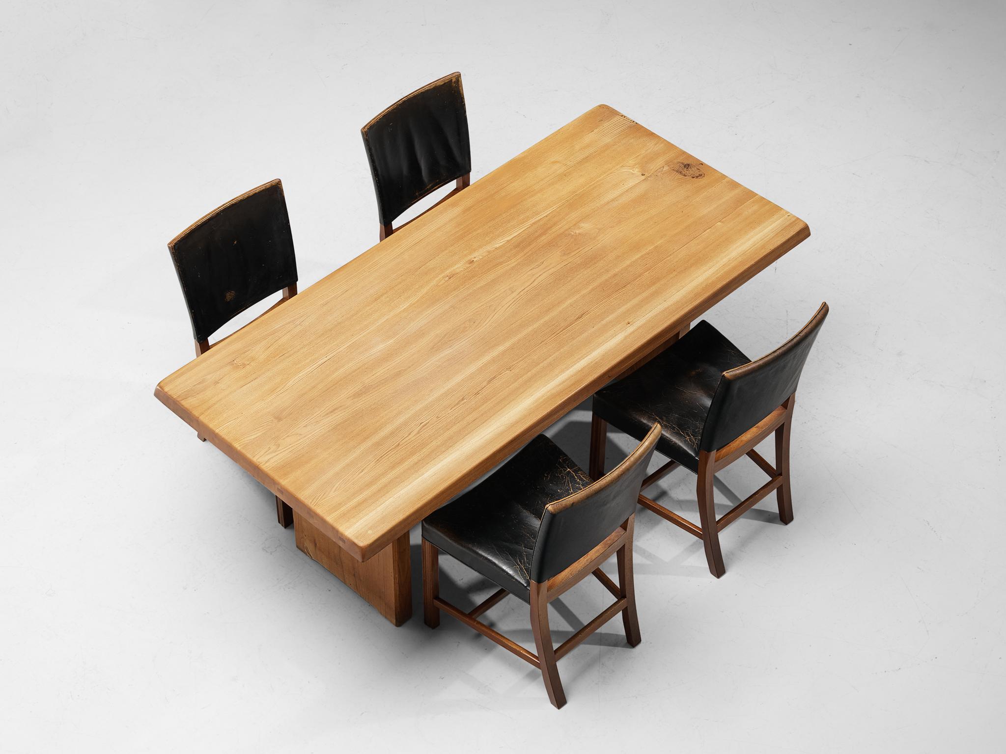 Mid-Century Modern Early Pierre Chapo 'T14C' Table in Solid Elm with Kaare Klint Set of Four Chairs