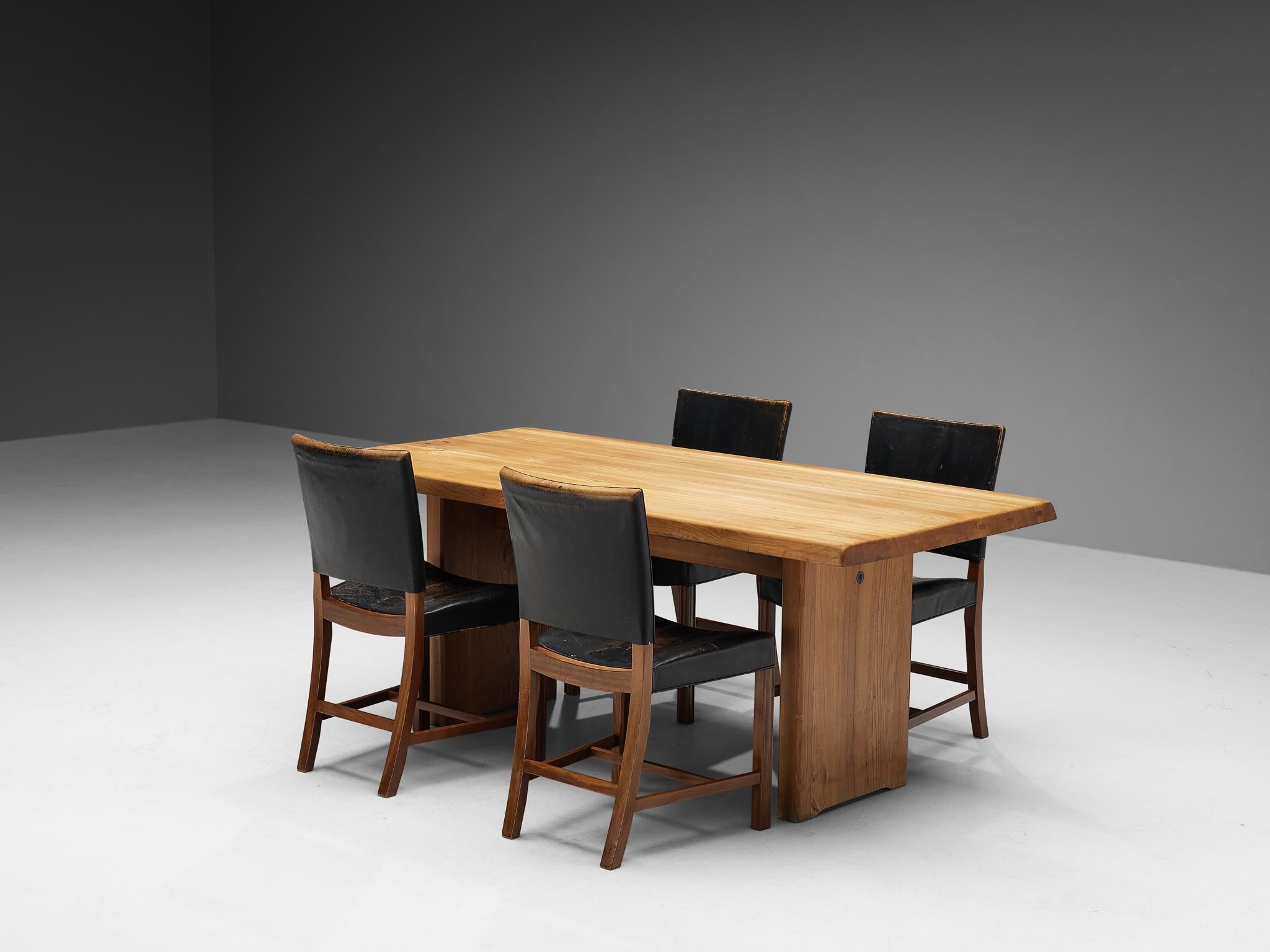 European Early Pierre Chapo 'T14C' Table in Solid Elm with Kaare Klint Set of Four Chairs