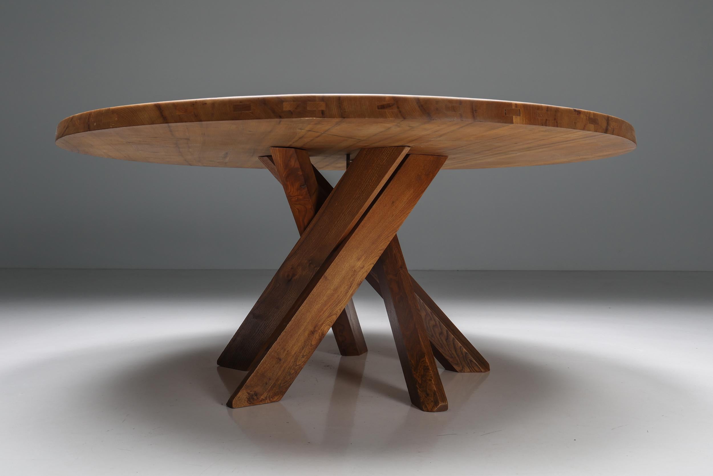 Wood Pierre Chapo 'T21' Round Dining Table in Solid Elm, France, 1973 For Sale