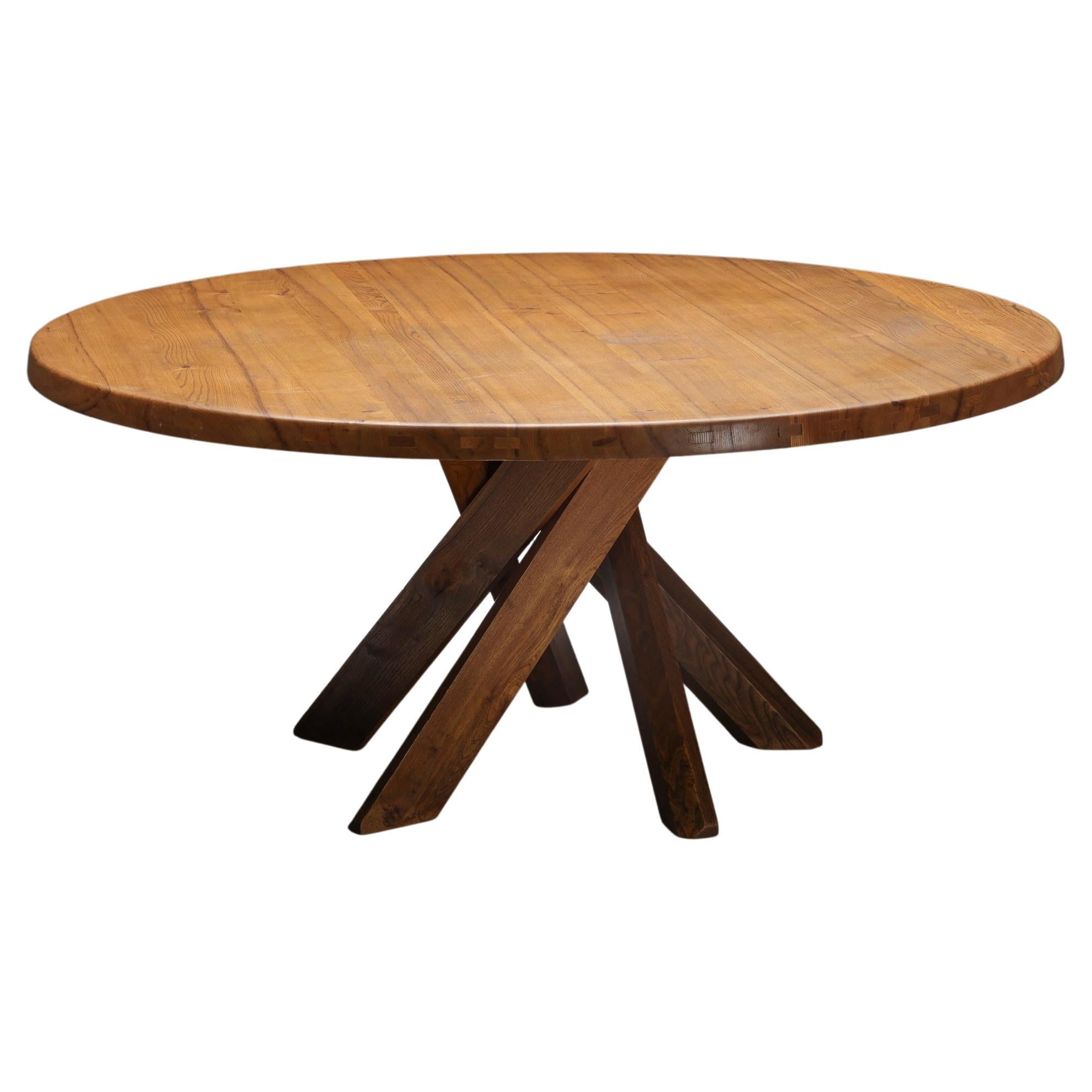 Pierre Chapo 'T21' Round Dining Table in Solid Elm, France, 1973