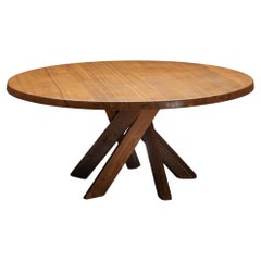 Vintage Pierre Chapo 'T21' Round Dining Table in Solid Elm, France, 1973