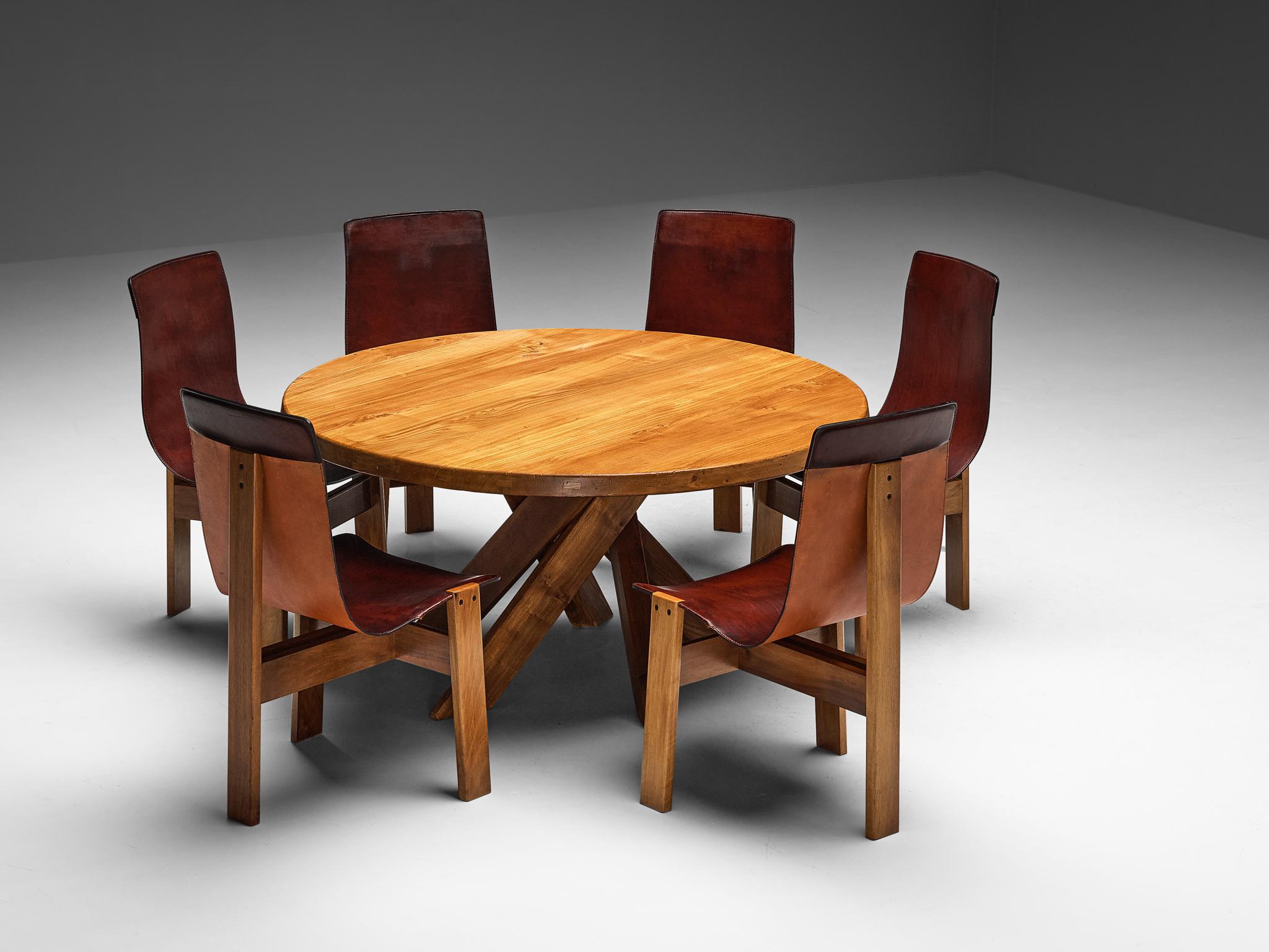 Dining room set containing Angelo Mangiarotti for Skipper set of six chairs with Pierre Chapo dining table model T21D


Angelo Mangiarotti for Skipper, set of six chairs, model 'Tre 3', walnut, saddle leather, Italy, 1978

Set of four 'Tre 3' dining