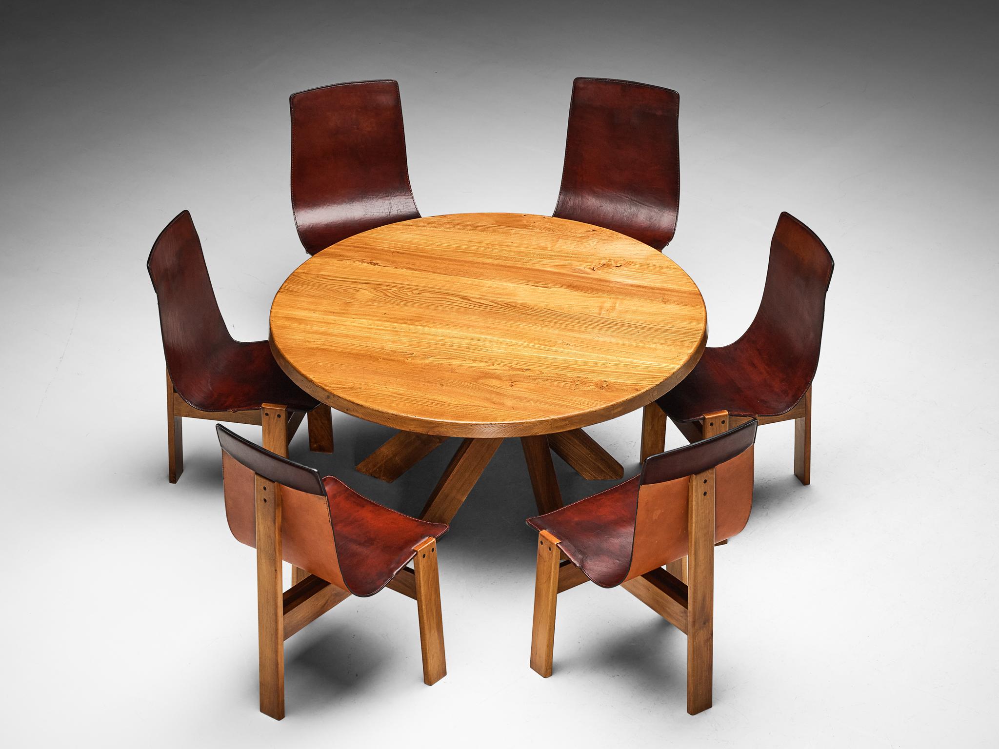European Pierre Chapo 'T21D' Dining Table & Angelo Mangiarotti Set of 'Tre 3' Chairs  For Sale