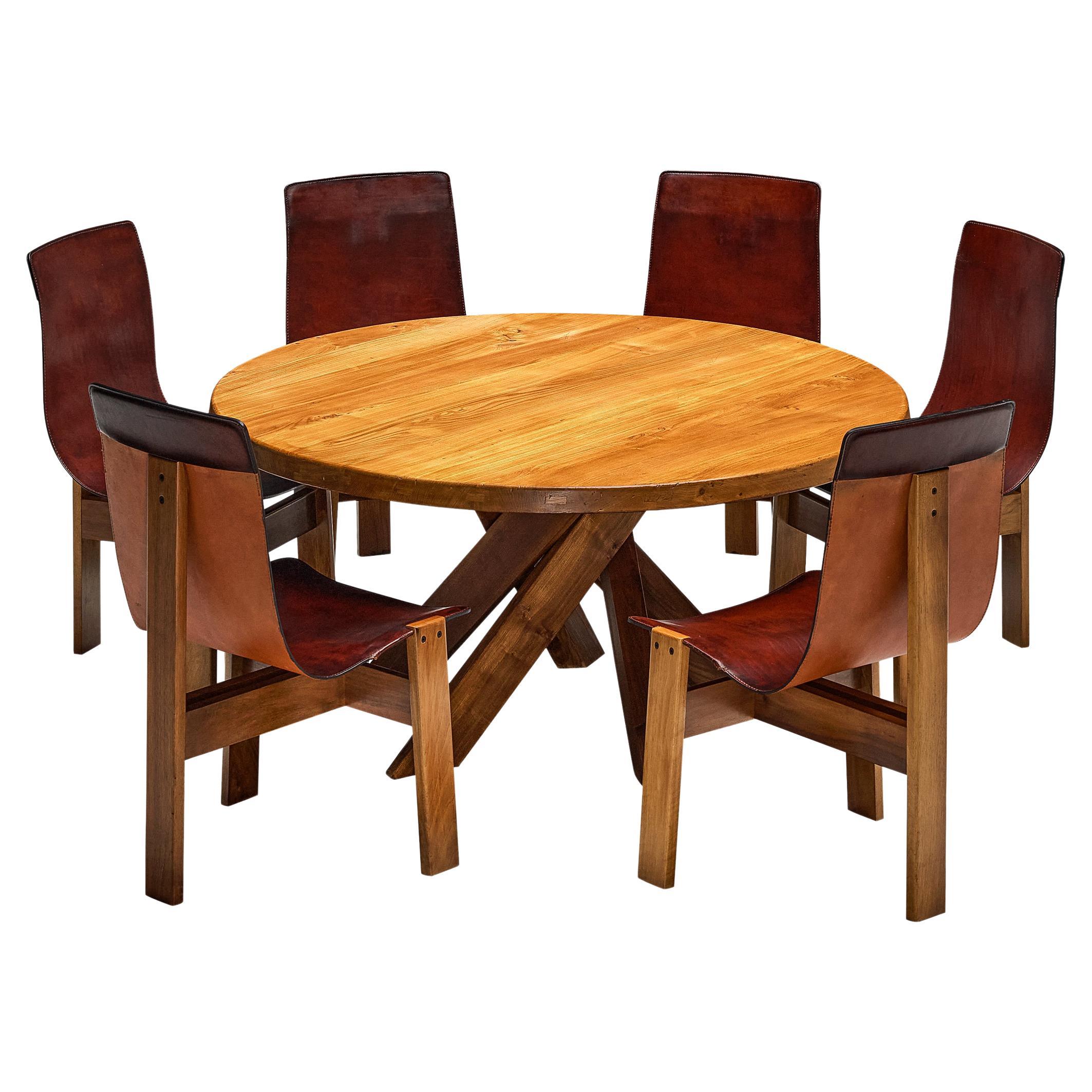 Table de salle à manger Pierre Chapo 'T21D' et ensemble de chaises Angelo Mangiarotti 'Tre 3'. 
