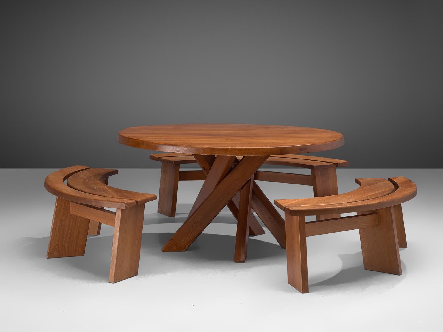 Pierre Chapo, Two benches and round pedestal table, solid elmwood, France, 1960s.

Very well crafted round pedestal T21D table and 3 quarter round S38 benches, all in good condition. The basic design and constructions, as well as the use of solid