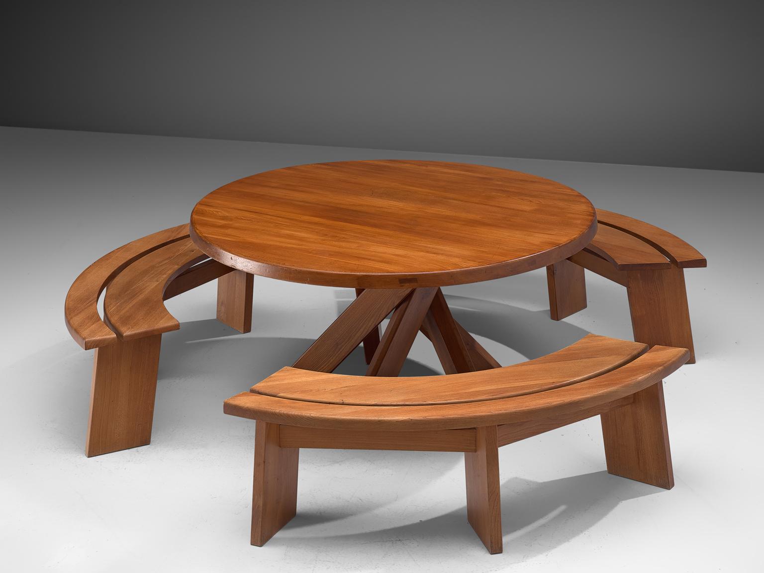 Mid-Century Modern Pierre Chapo T21D Dining Table with Three S38A Benches, 1960s