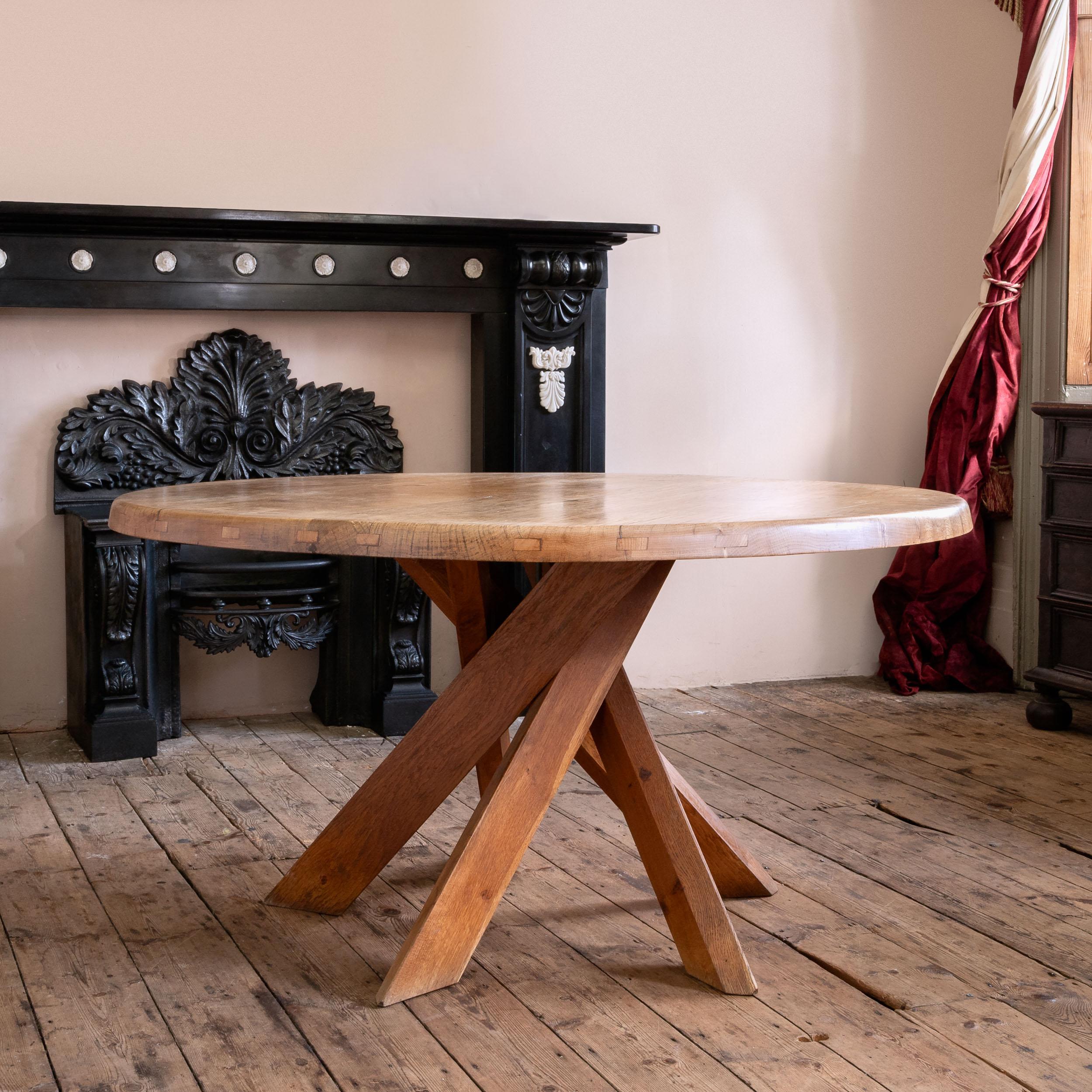 A Pierre Chapo T21D oak dining table, French, 1970-80s.  By repute purchased directly from the designer himself.   Oak, with five legged base, in good, untouched and original condition (can be refinished if required), suitable for five or six to