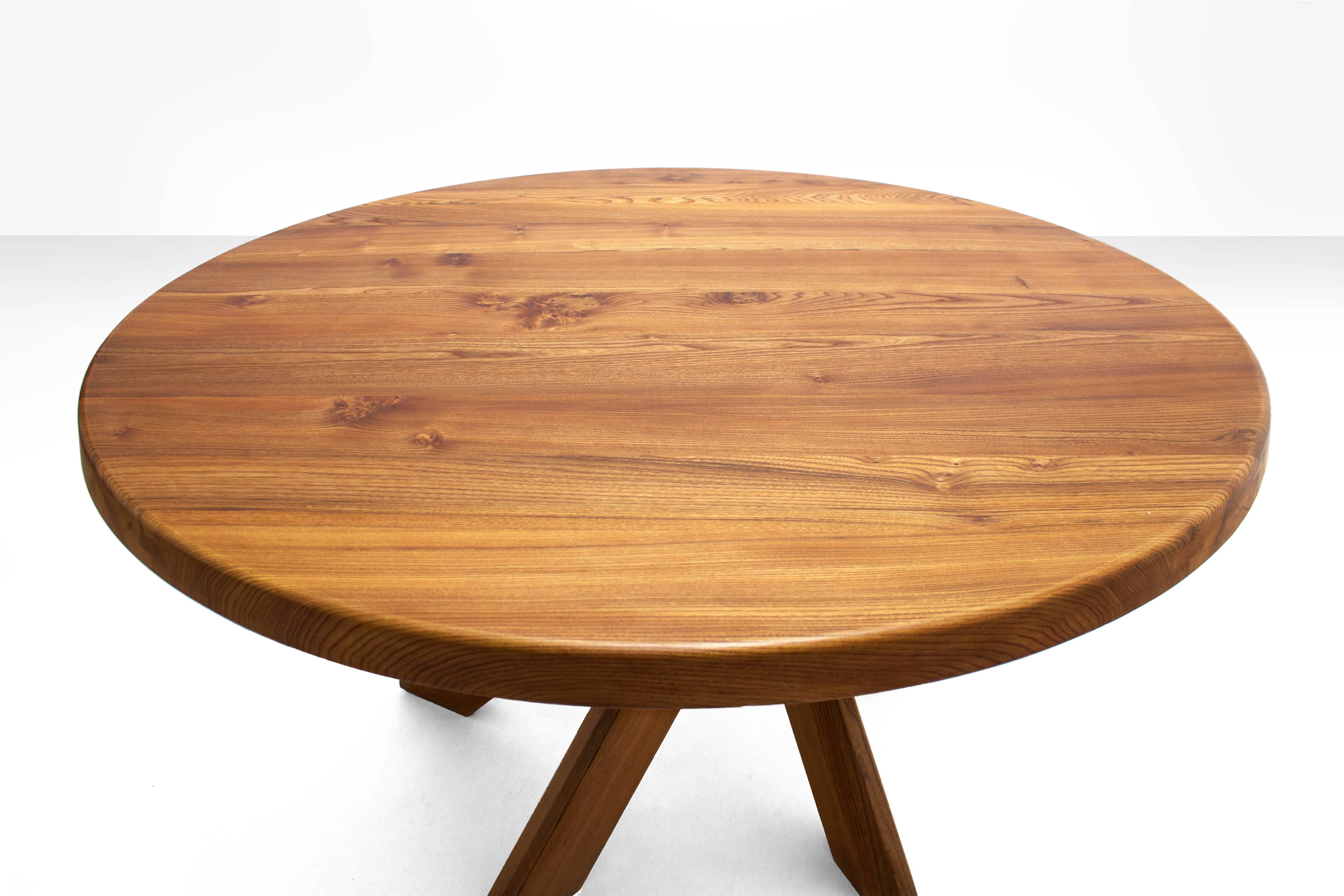 French Pierre Chapo T21D Round Dining Table in Solid Elm, France, 1960s