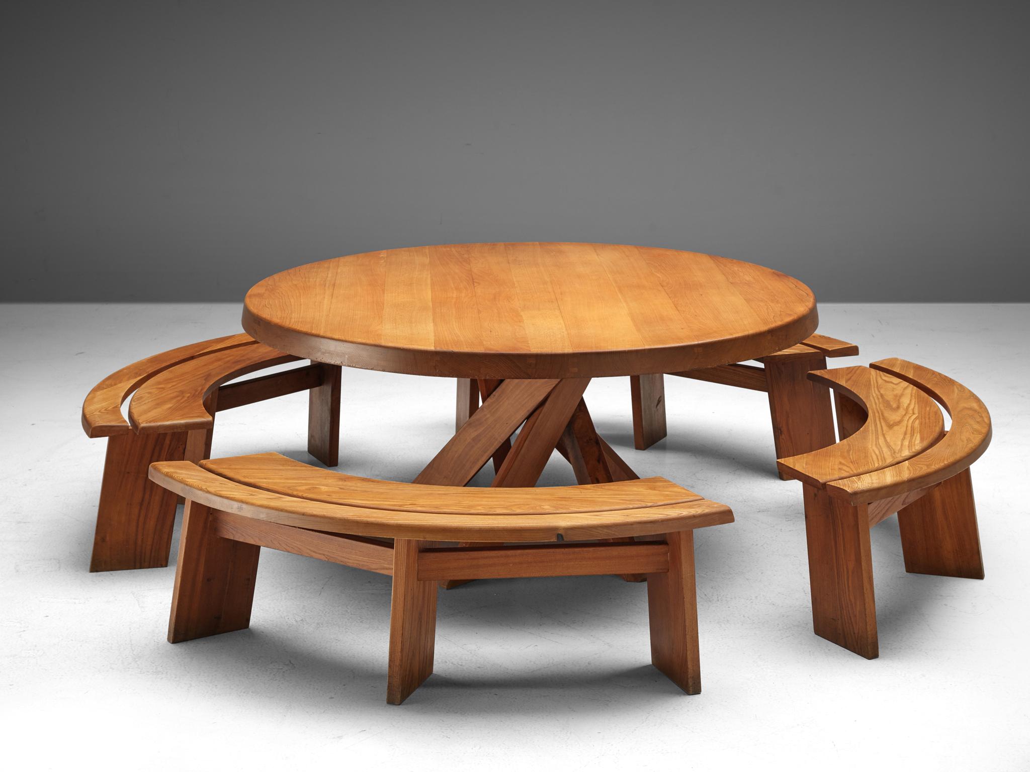 Large Pierre Chapo T21E 'Sfax' Dining Table in Solid Elm , Dm 160cm/63 in. In Good Condition In Waalwijk, NL