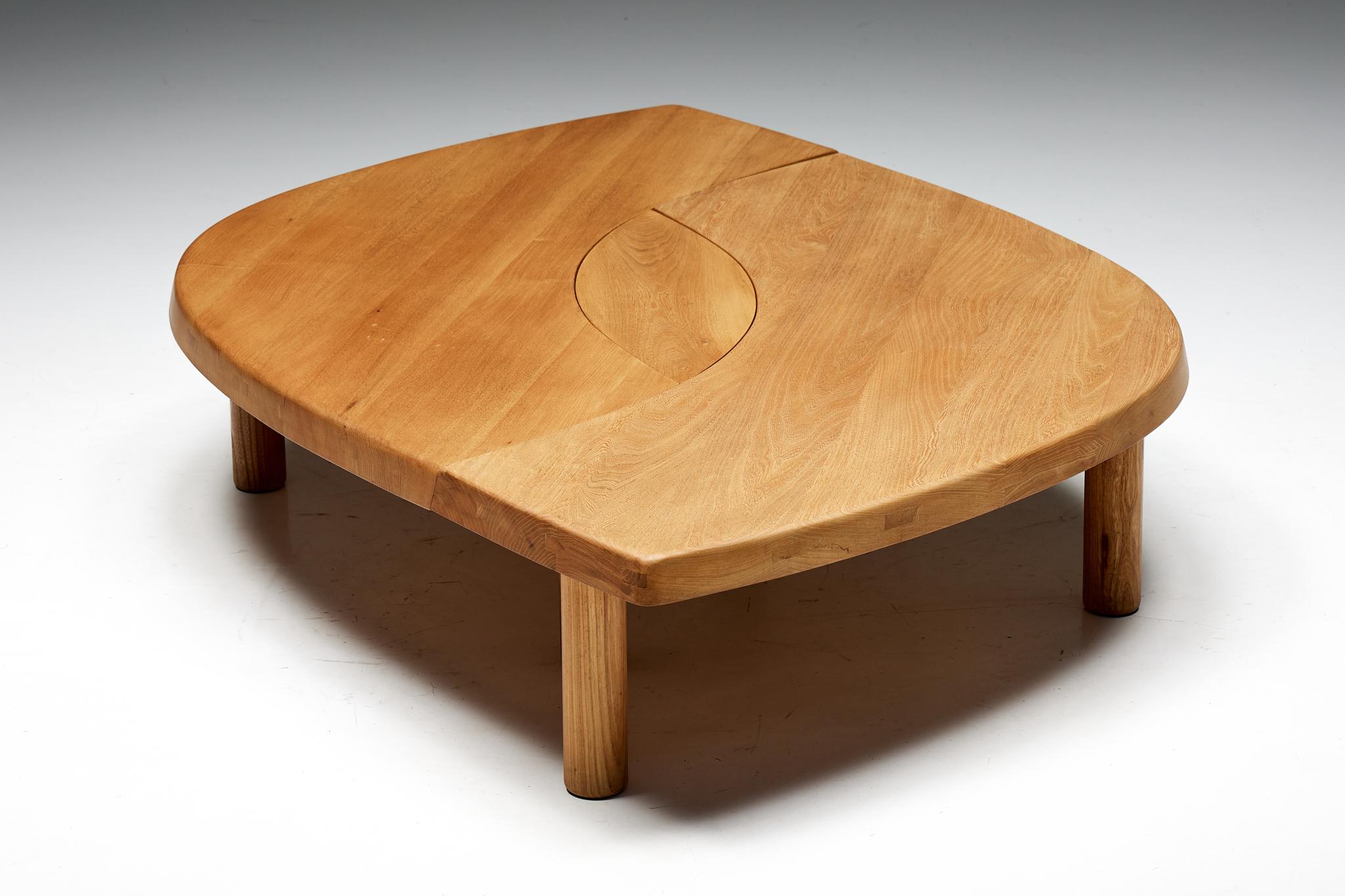 Pierre Chapo; Solid Elm; Coffee Table; L'oeil; Charlotte Perriand; Paris; Le Corbusier; Mid-Century Modern; 1970s; Wood Joint;

Eye-shaped 'T22' coffee table in solid elm by Pierre Chapo, a stunning composition consisting of two arch-shaped tables