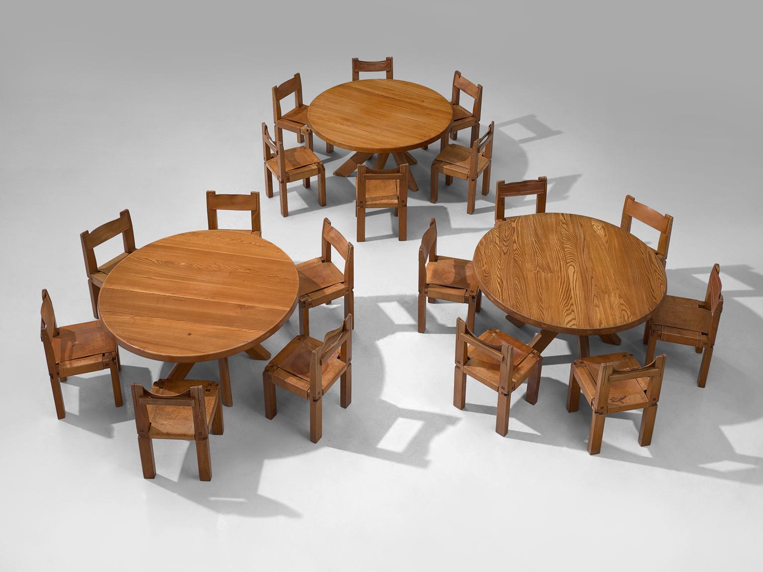 Pierre Chapo, three dining room tables with T21D tables, solid elm and leather, France, 1960s.

These three dining tables are designed by French designer Pierre Chapo. The pieces are the T21 model and the chairs (which are not included) are S11
