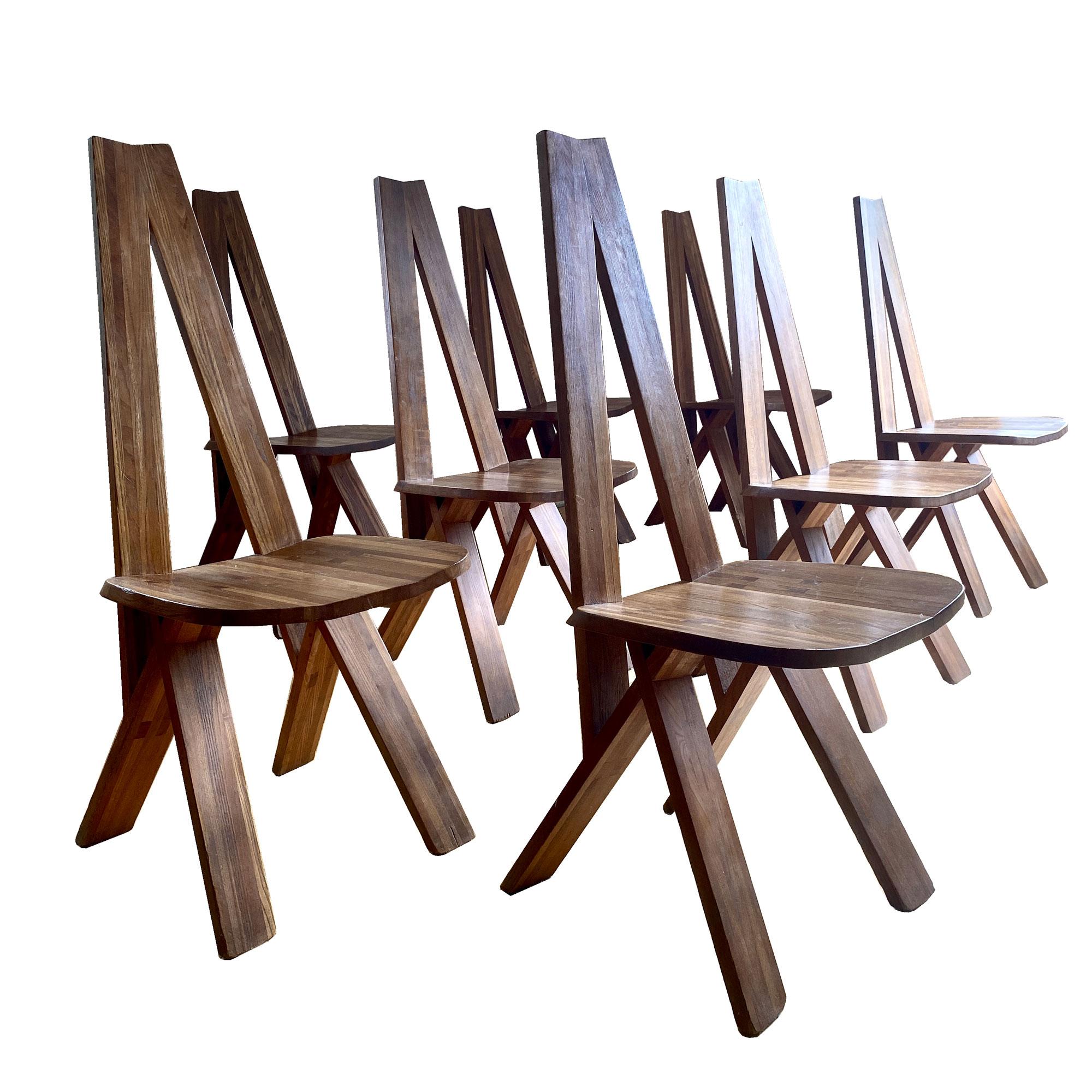 Mid-Century Modern Pierre Chaposet de 8  S45 Chaises en orme massif 1970 en vente