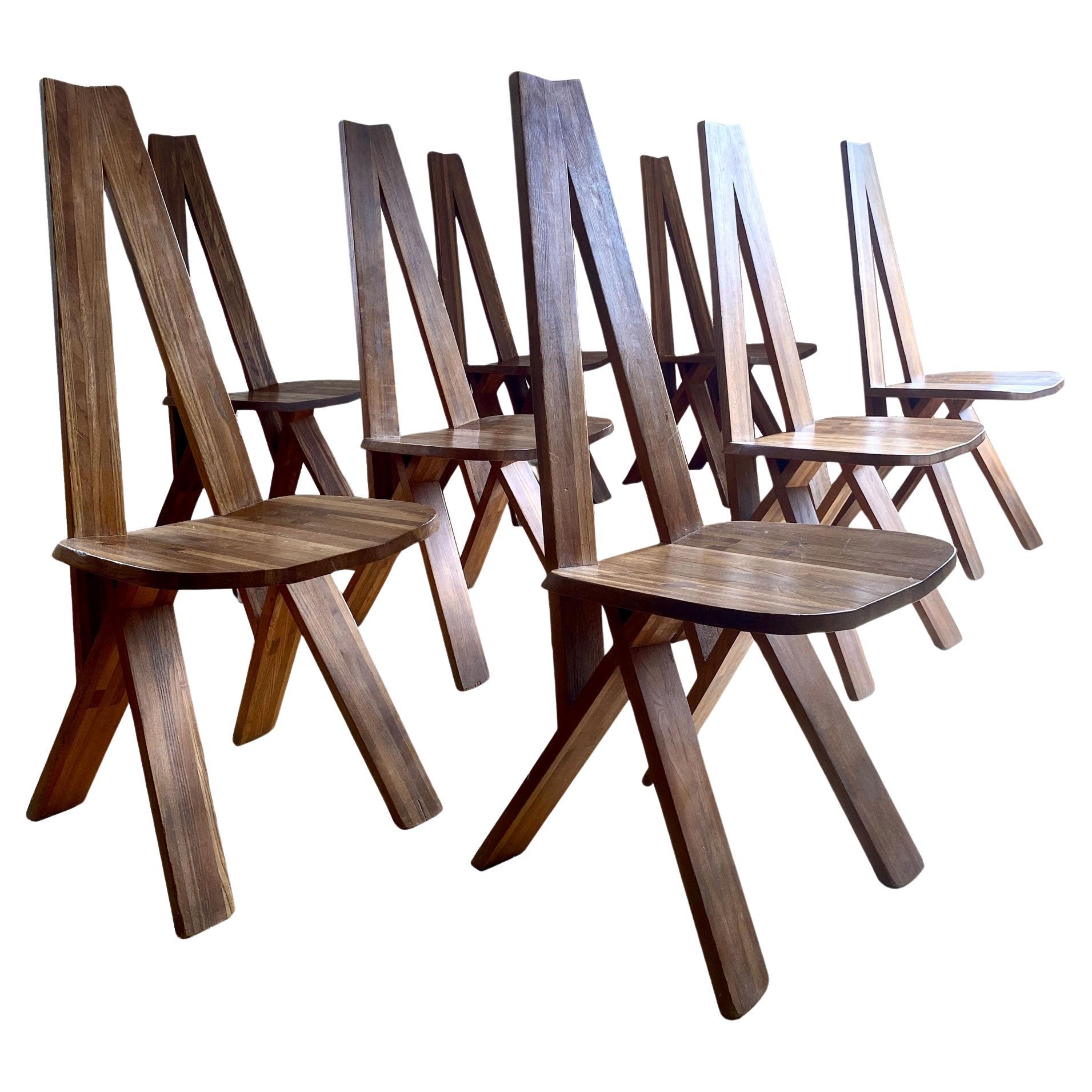 Pierre Chaposet de 8  S45 Chaises en orme massif 1970 en vente