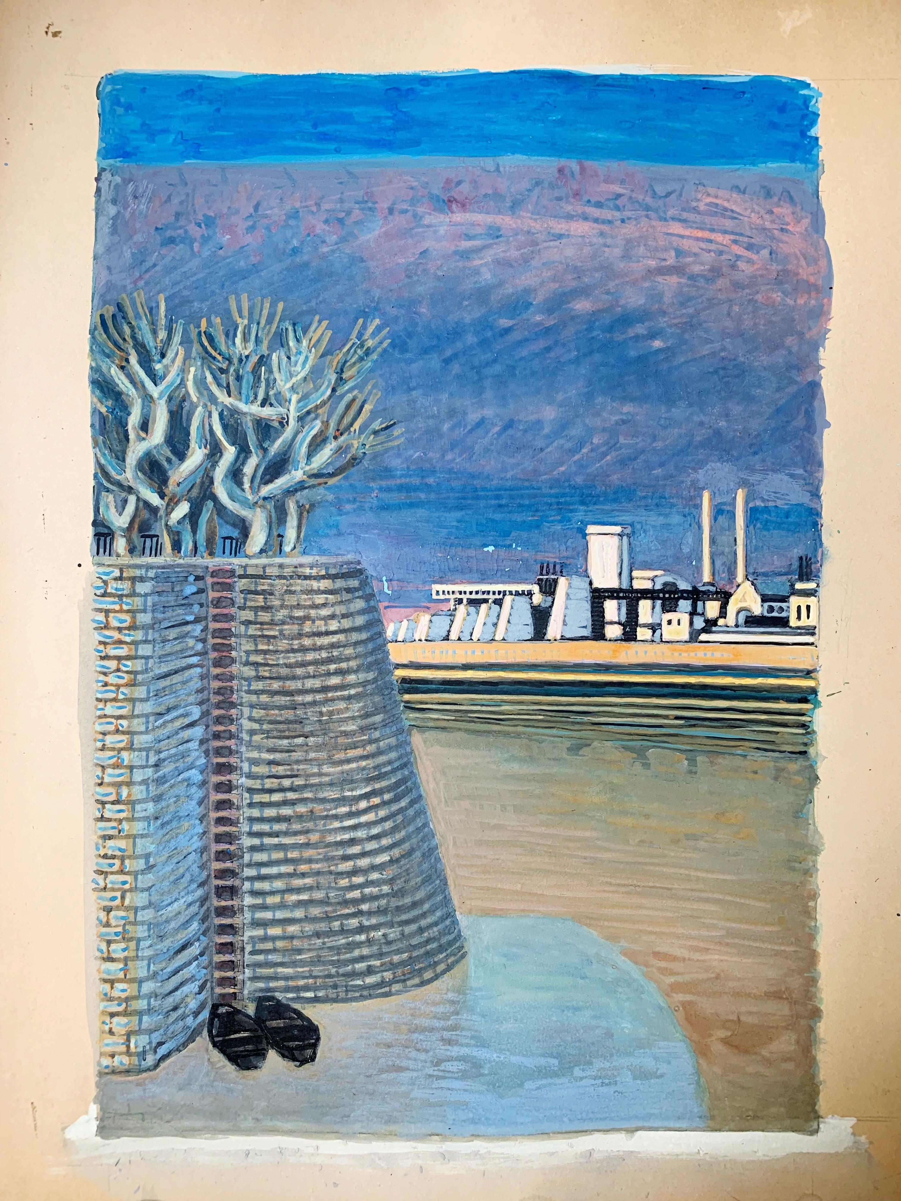 Pierre Charbonnier, The Factory près de la rivière, gouache sur carton en vente 3