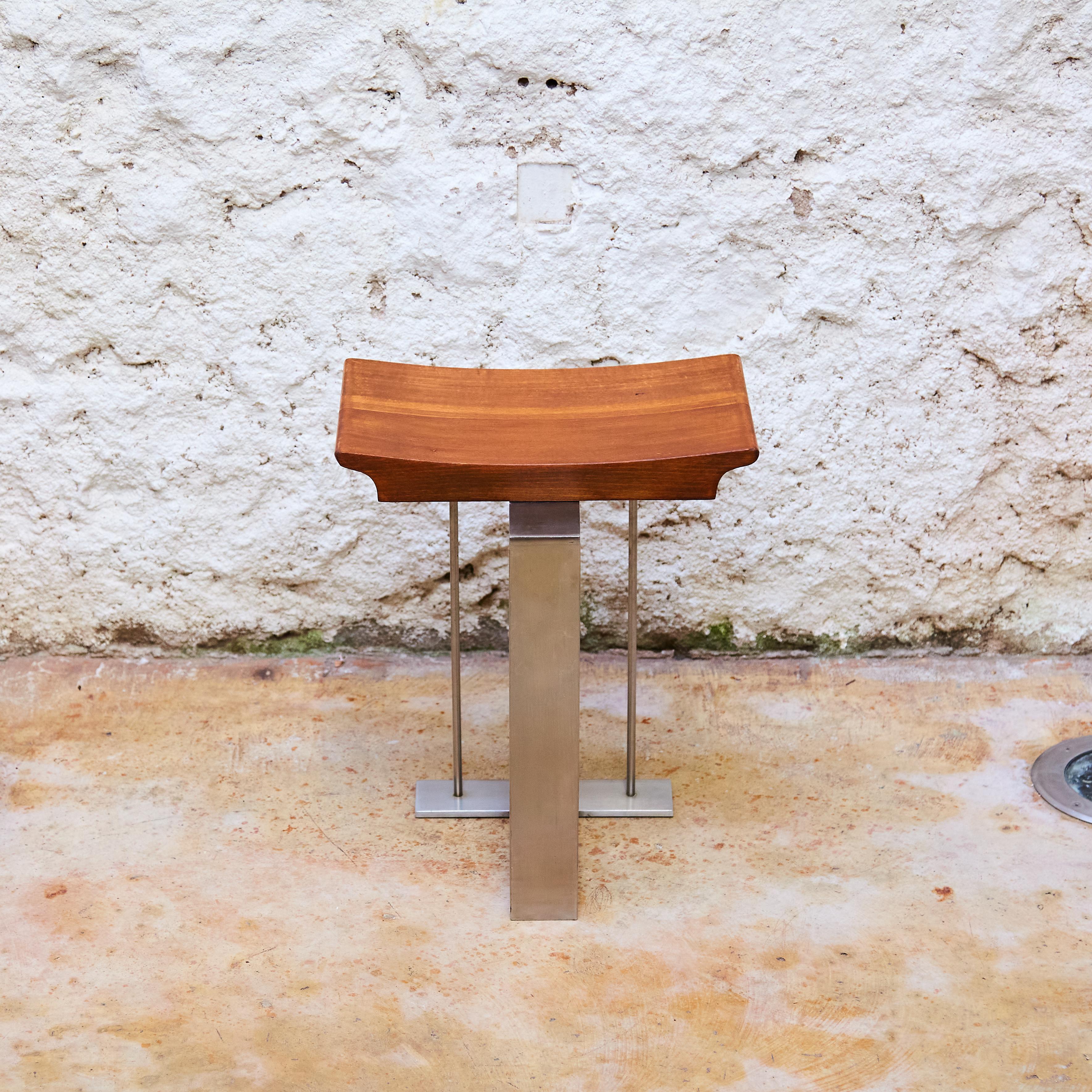 Mid-Century Modern Pierre Chareau 'SN3' Wood and Metal Stool Reedition 'T 1927', circa 2000