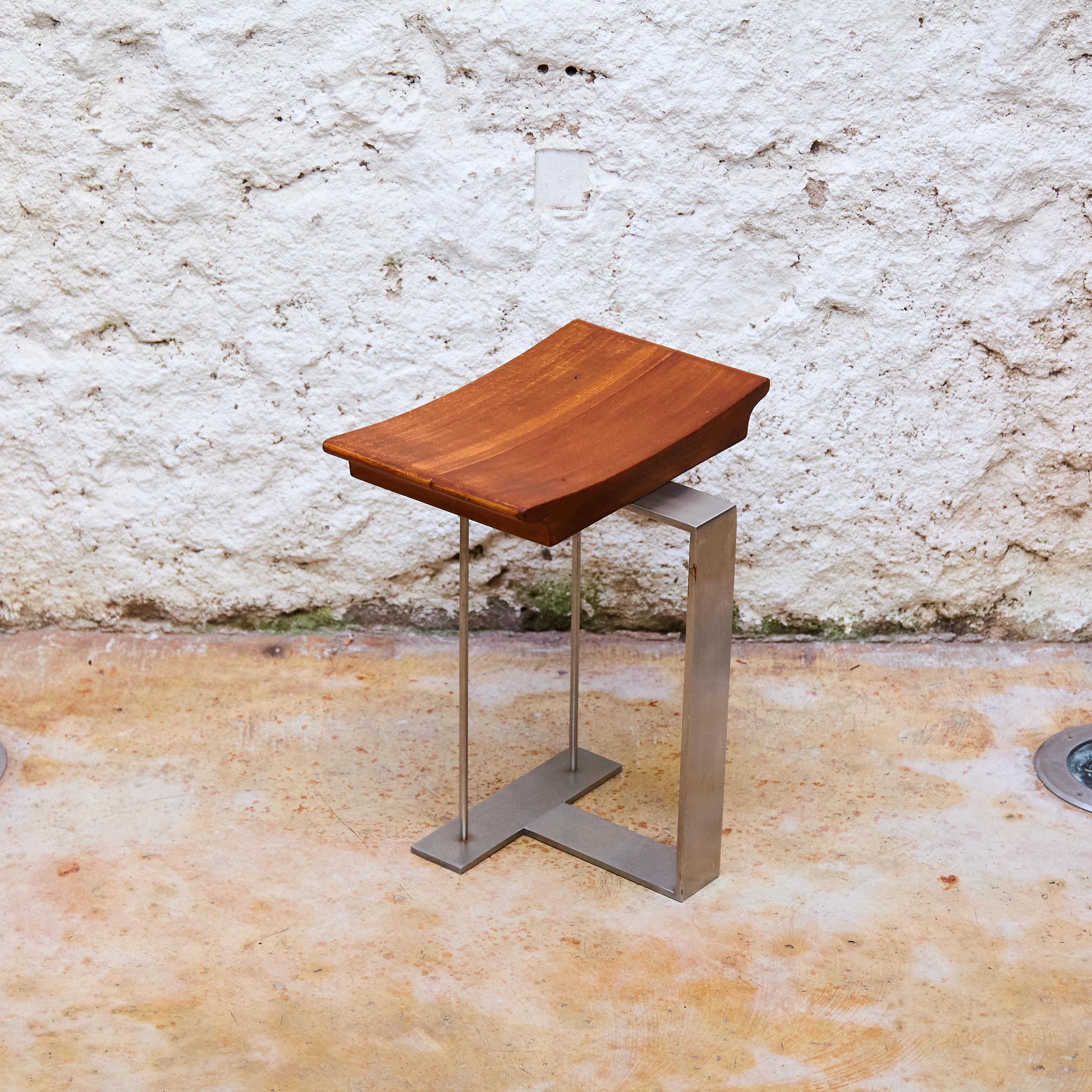 French Pierre Chareau 'SN3' Wood and Metal Stool Reedition 'T 1927', circa 2000