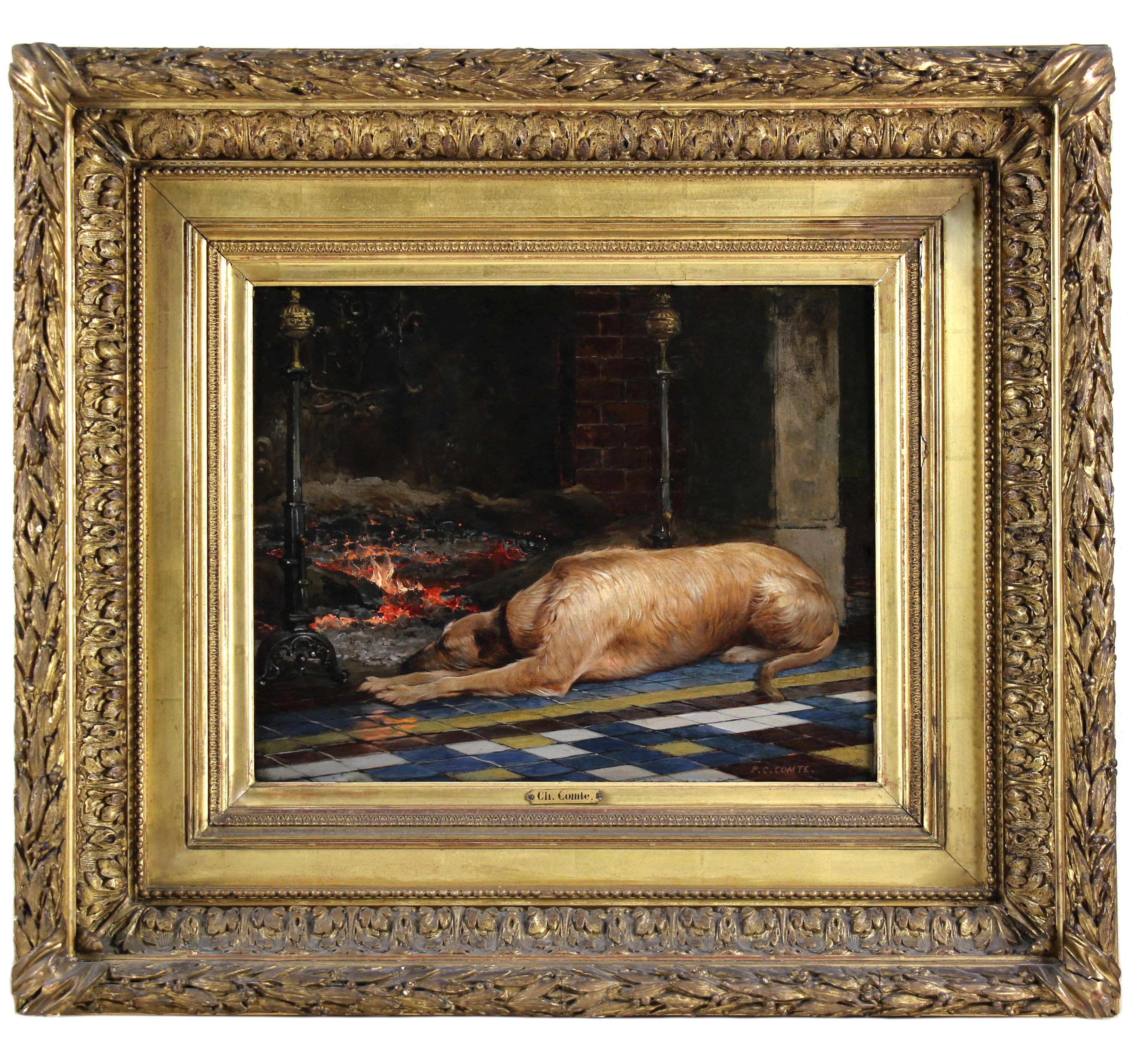 Pierre Charles Comte Portrait Painting - French oil painting on panel “Dog lying in front of fireplace” 19th century
