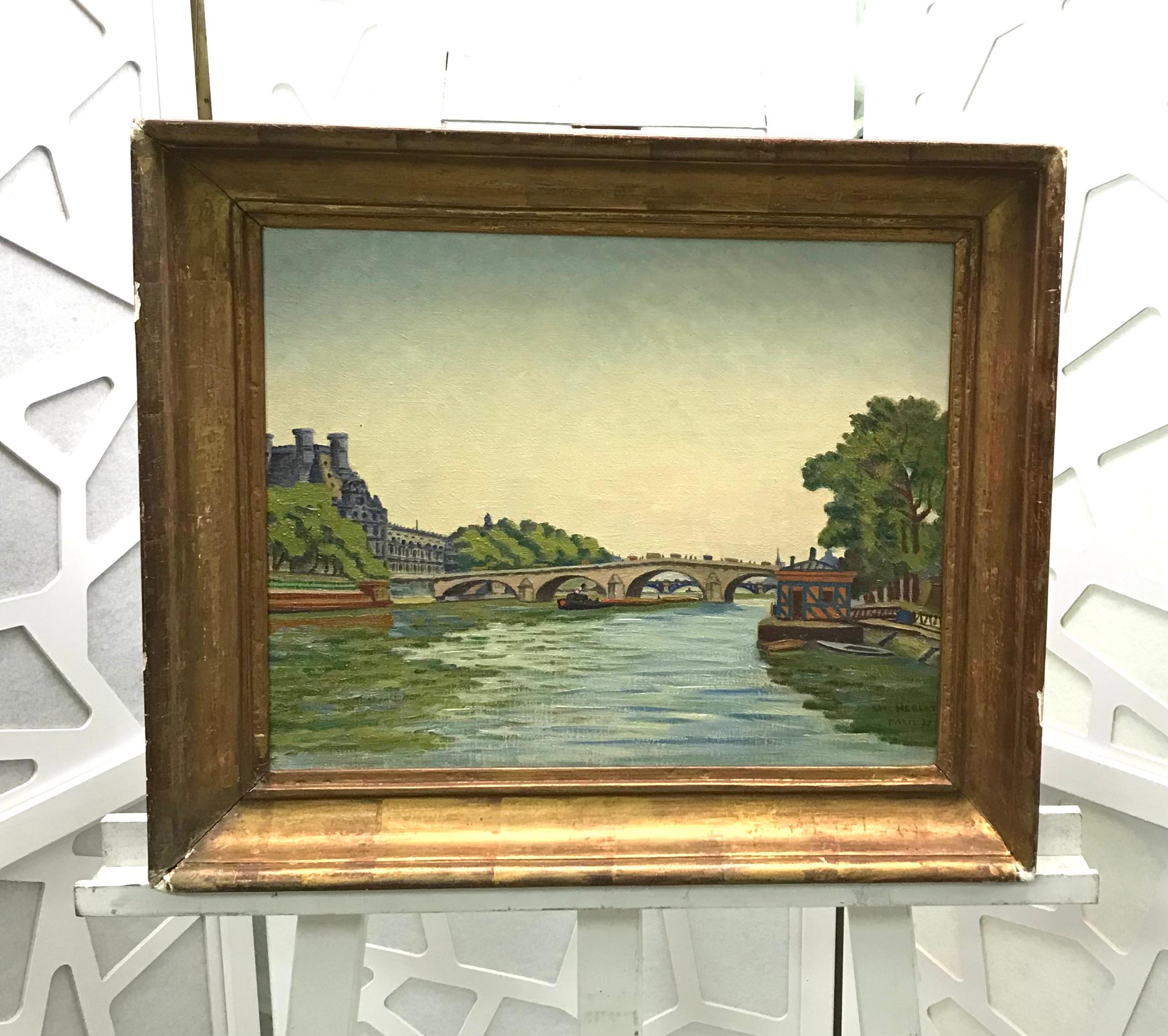 The Pont Royal und der Louvre von Pierre Charles Hébert - Öl auf Leinwand 33x41 cm im Angebot 1