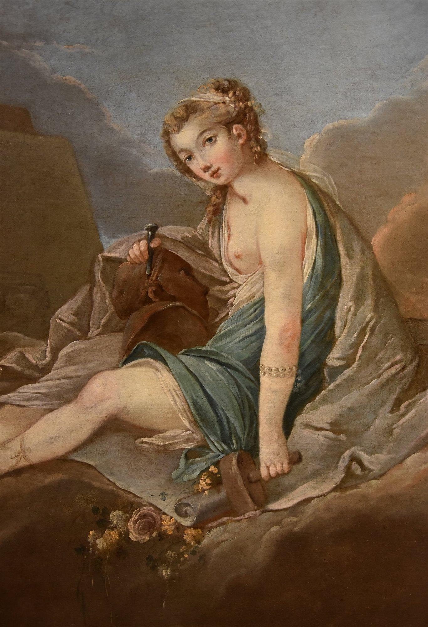 Allegory Sculpture Trémolières Paint 18th Century Oil on canvas Old master - Brown Portrait Painting by Pierre Charles Trémolières (Cholet, 1703 - 1739)