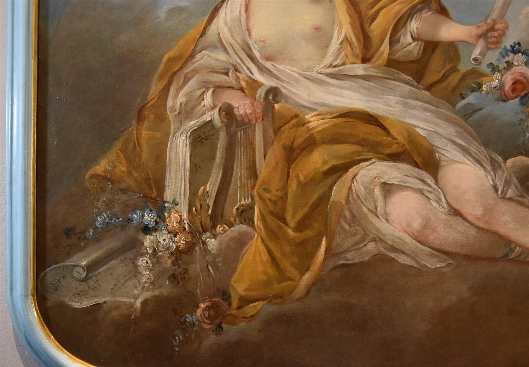 Pierre Charles Trémolières (Cholet, 1703 - Paris, 1739) 

Allegoria della musica (la Musa Euterpe)  

Olio su tela (112 x 86 cm). - In cornice originale laccata 122 x 95 cm.)  

Opera accompagnata dalla perizia del Prof. Emilio!  

Il dipinto è ben