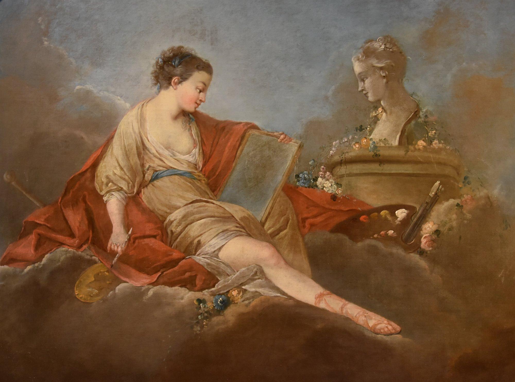 Pierre Charles Trémolières (Cholet, 1703 - Paris, 1739) 

Allegory of Painting and Drawing  

Oil on canvas  86 x 112 cm In original lacquered frames 122 x 95 cm.  

Work accompanied by an expert report by Prof. Emilio Negro  

The painting is well