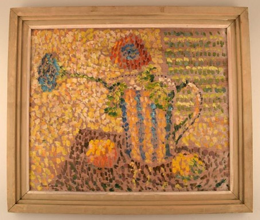 Pierre Chowee. Unknown artist. Oil on board. Still life with flowers in a jug in pointillistic style, 1960s.
The board measures: 59 x 48.5 cm.
The frame measures: 6 cm.
Signed.
In very good condition.