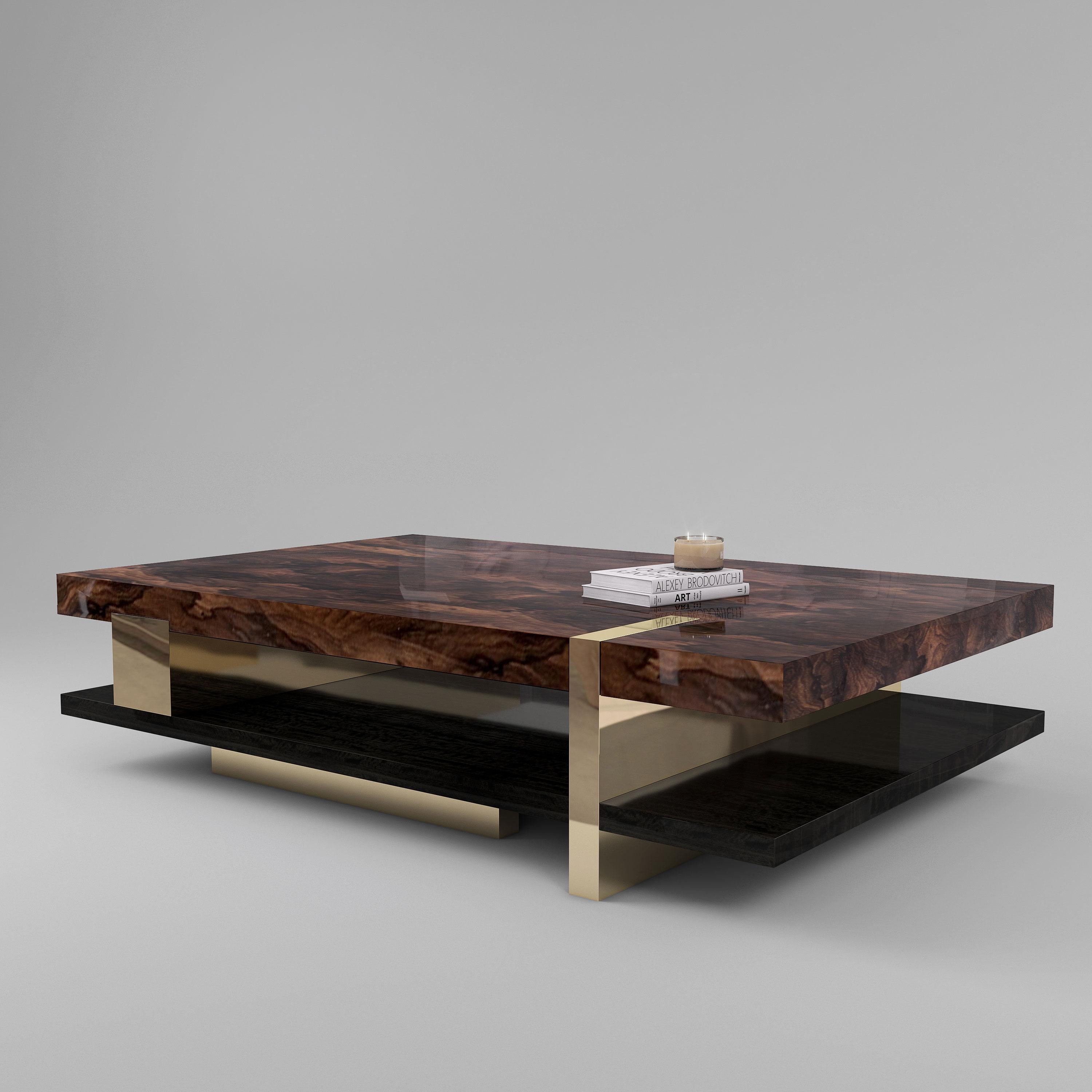 Européen Table basse Pierre :  Table sur mesure en acier inoxydable, bronze et bois en vente