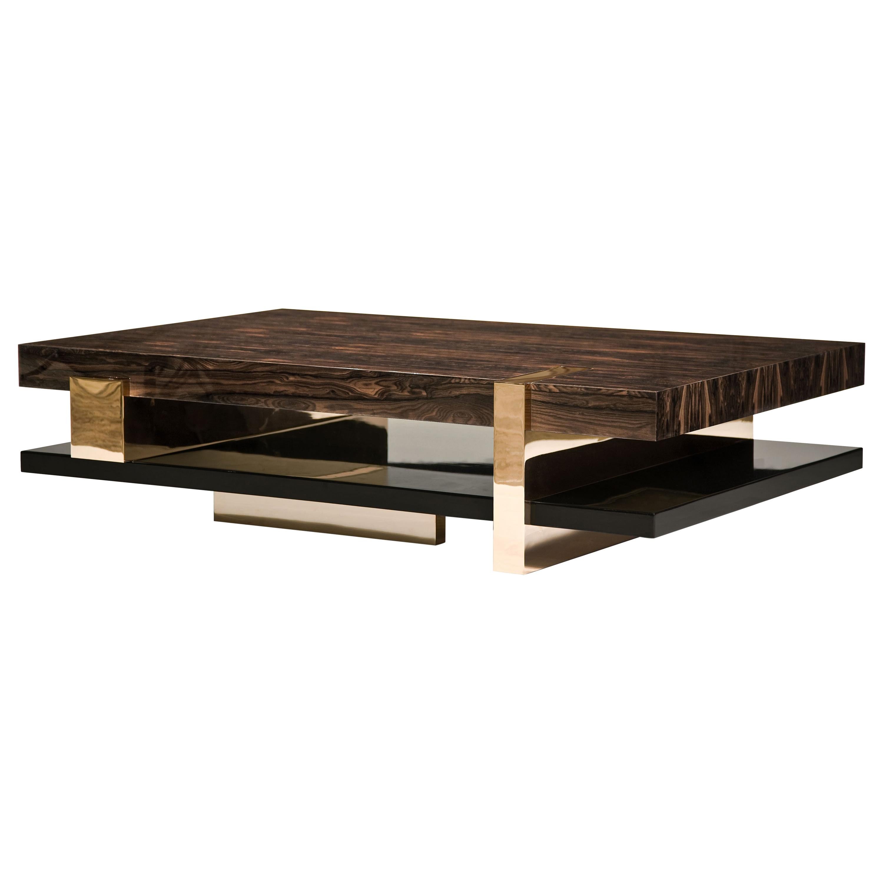 Pierre Couchtisch:  Maßgefertigter Tisch aus Edelstahl, Bronze und Holz