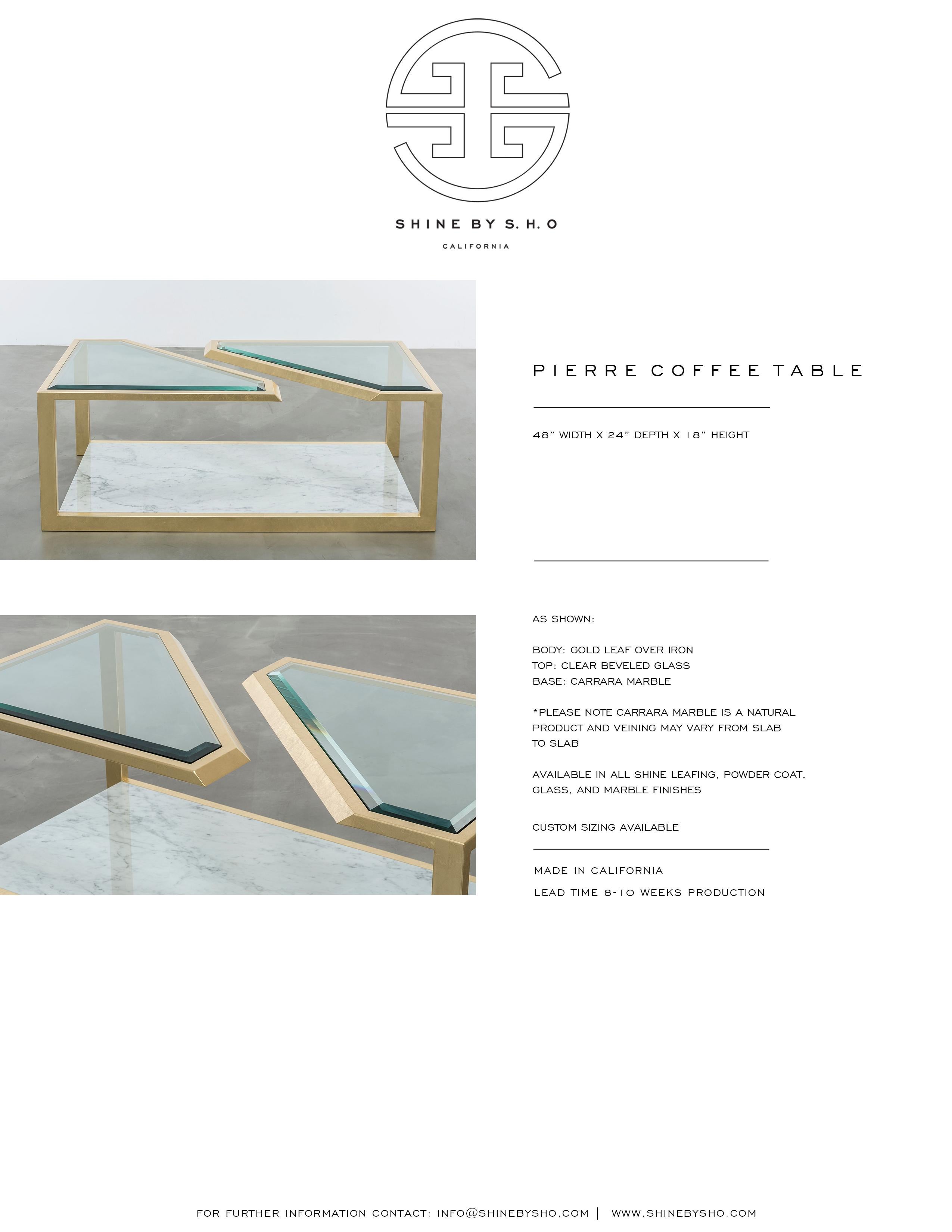 PIERRE COFFEE TABLE - Modern Carrara Marble with Gold Leaf and Beveled Glass For Sale 2