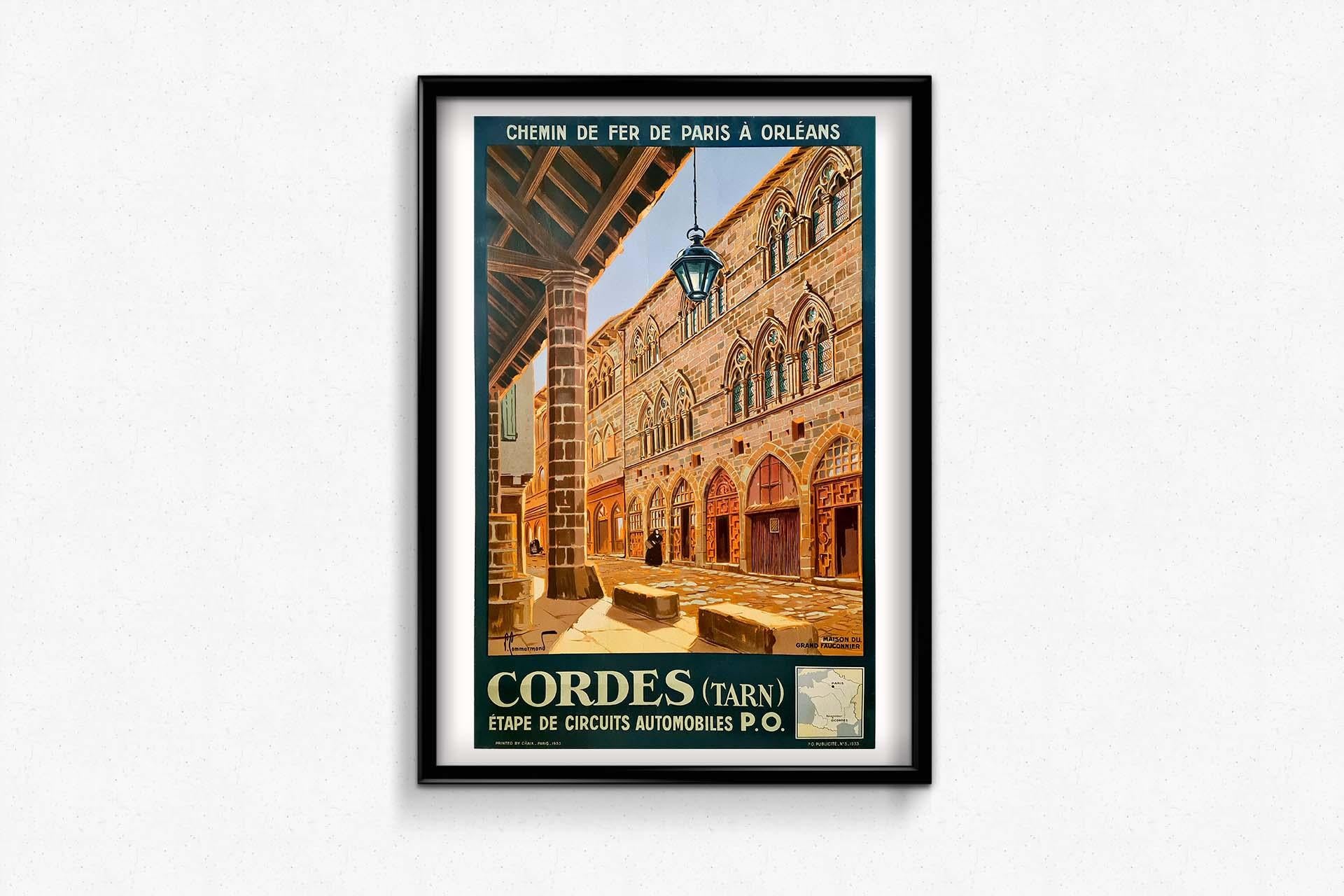 Crafted in 1933 by the talented artist Pierre Commarmond, the original travel poster for Cordes – Maison du Grand Fauconnier, designed for the Chemins de Fer de Paris à Orléans, stands as a masterpiece of vintage travel advertising. In this