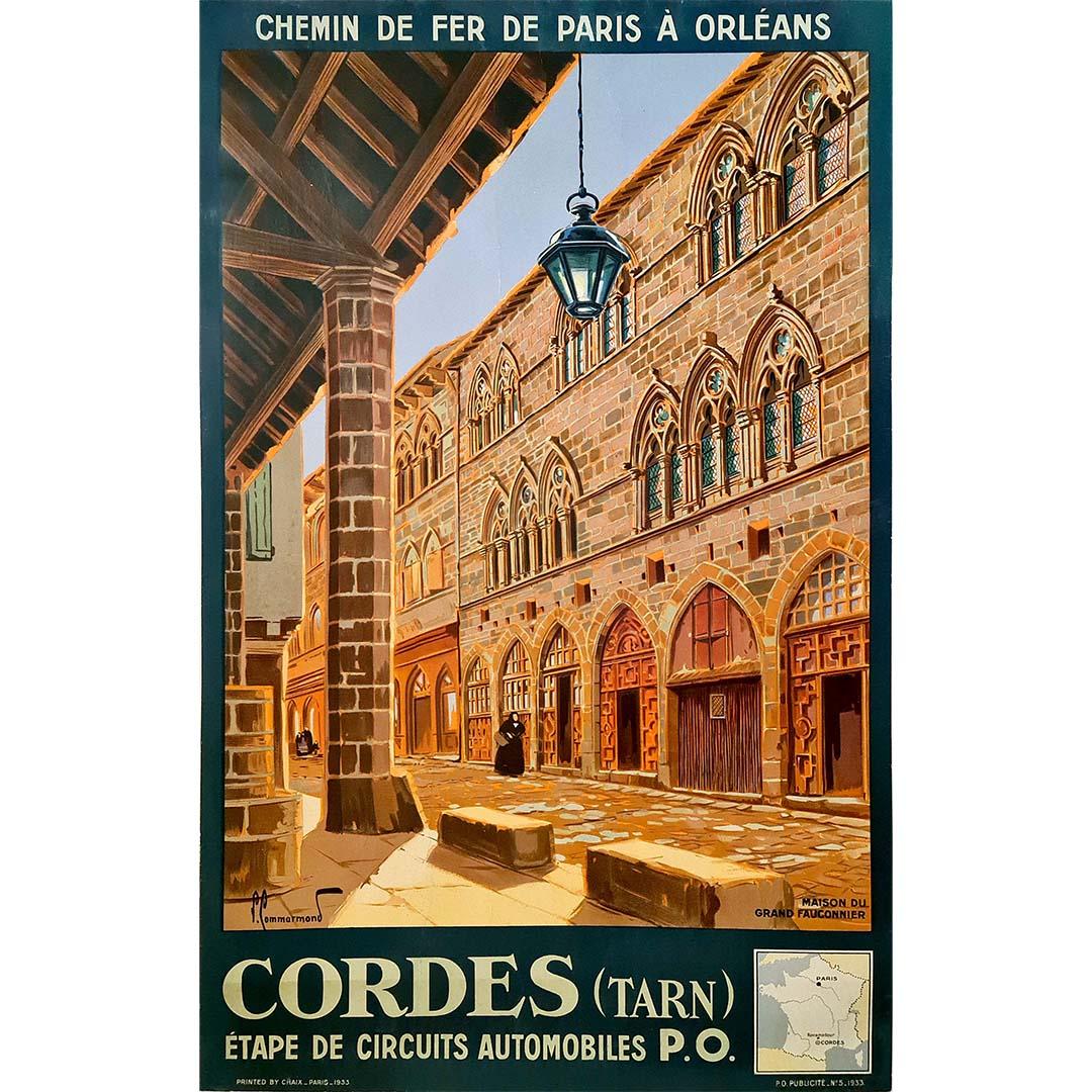 Réalisée en 1933 par le talentueux artiste Pierre Commarmond, l'affiche originale de Cordes - Maison du Grand Fauconnier, conçue pour les Chemins de Fer de Paris à Orléans, est un chef-d'œuvre de la publicité de voyage d'époque. Dans cette pièce