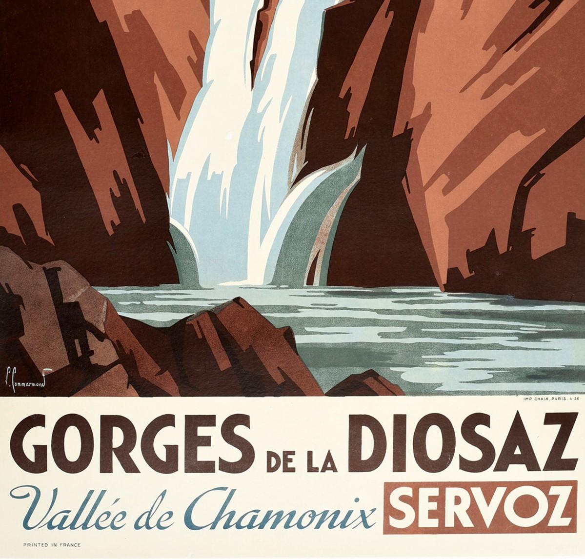 Original PLM Paris Lyon Mediterranee Eisenbahnreiseplakat für die Gorges de la Diosaz Vallee de Chamonix Servox mit einer atemberaubenden Szene der dramatischen engen Talschlucht mit Wasser, das die Felsen hinunterstürzt, und Touristen, die entlang