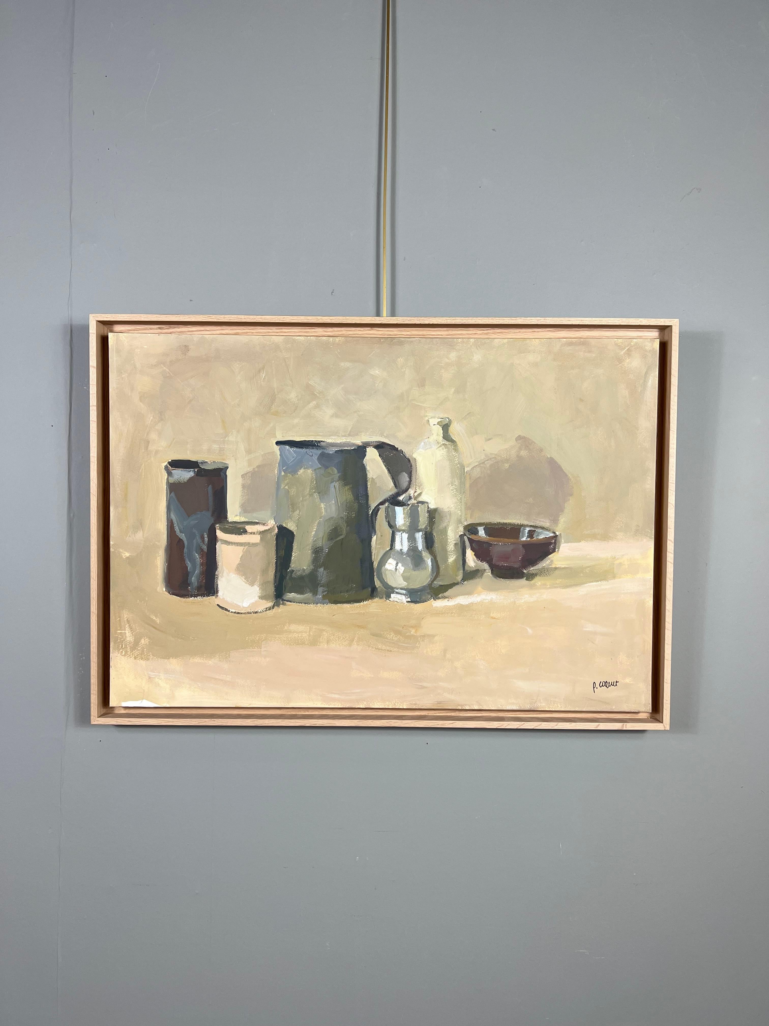 Still life with a pewter pitcher, original oil painting by Pierre Coquet For Sale 3