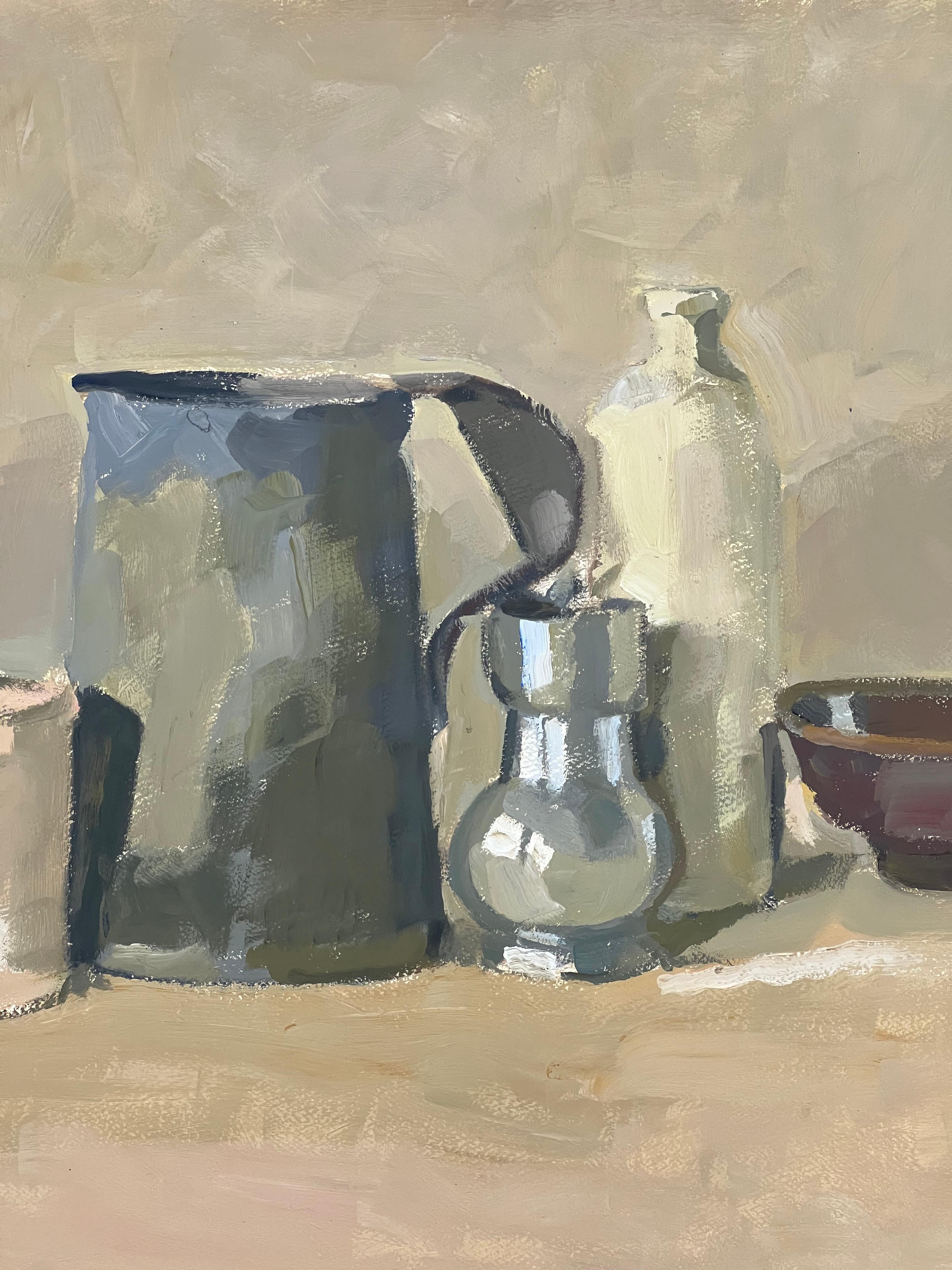 Still life with a pewter pitcher, original oil painting by Pierre Coquet For Sale 5