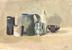 Still life with a pewter pitcher, original oil painting by Pierre Coquet