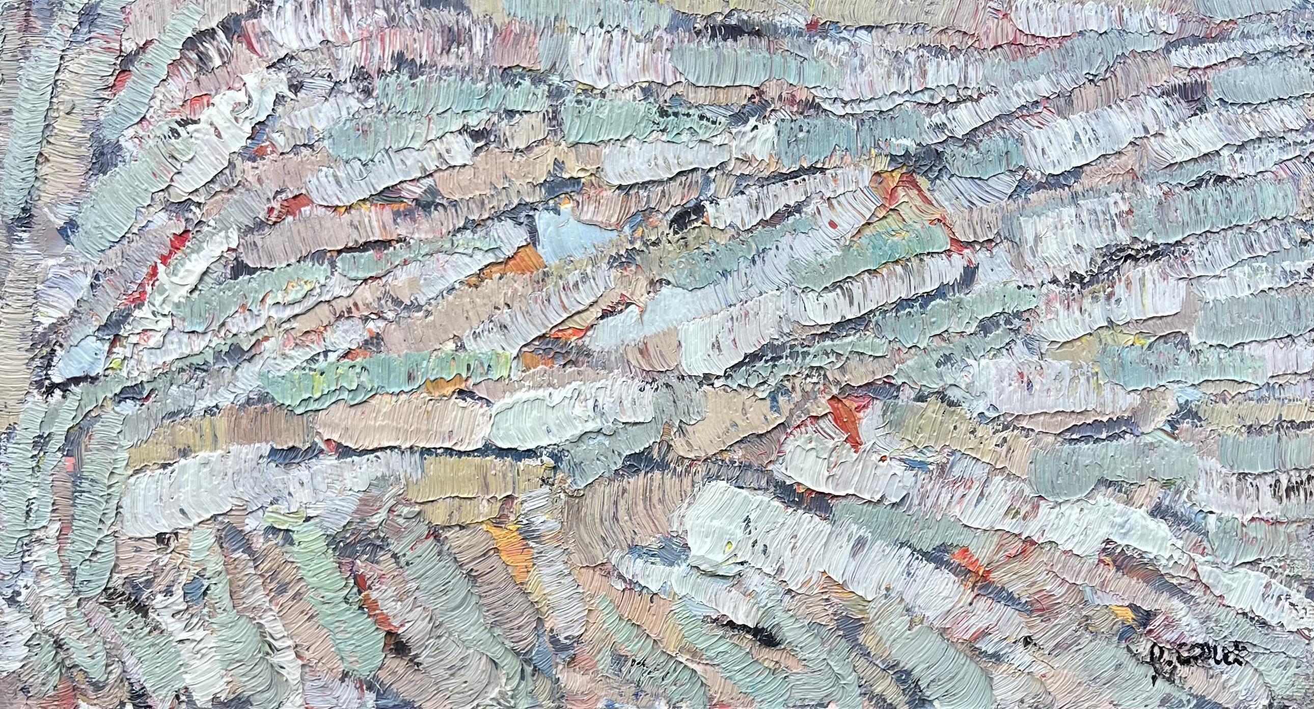 Composizione astratta - Olio originale su tavola - 7,9 x 15 pollici - Painting di Pierre Coquet