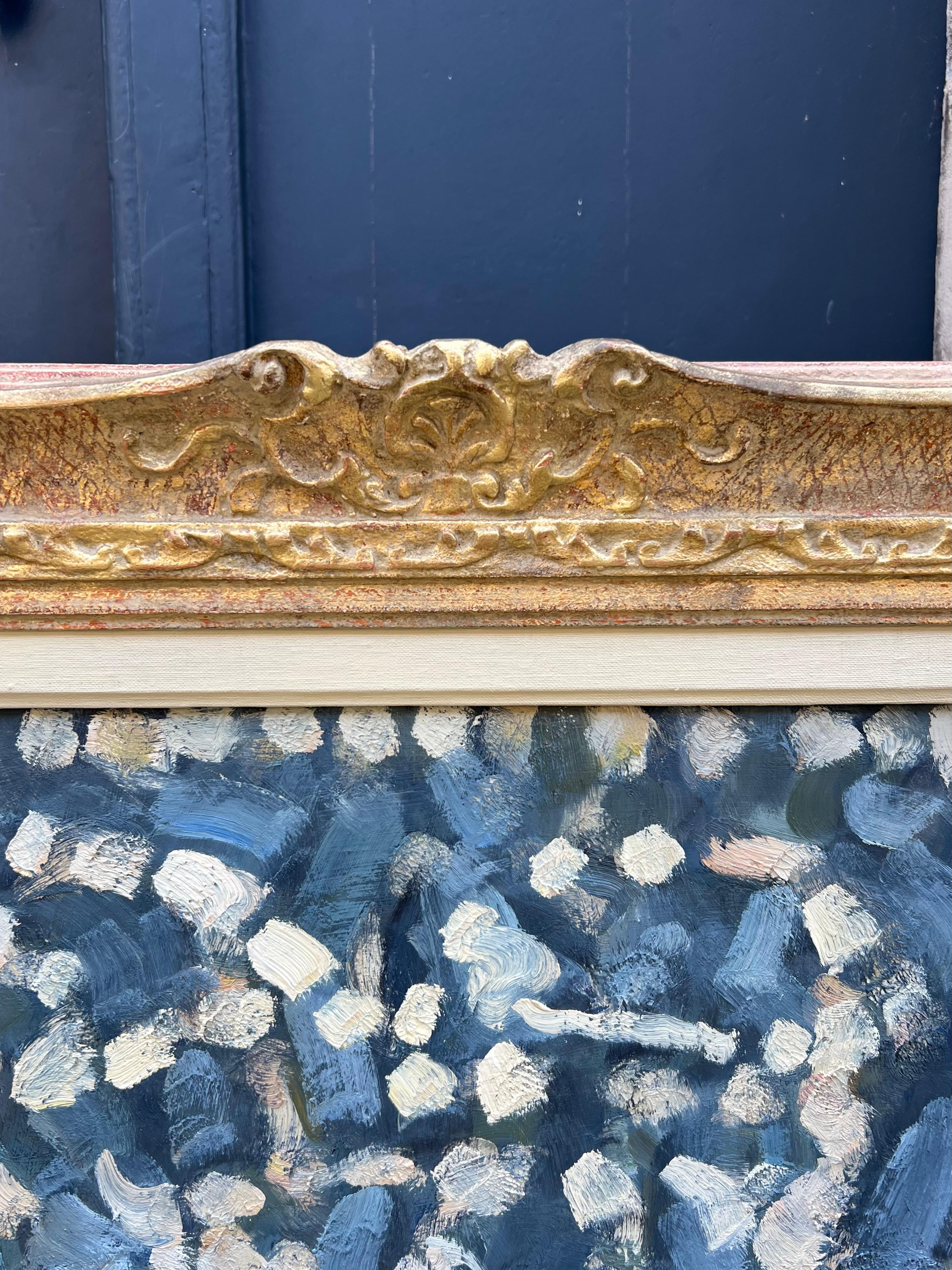 Stilleben mit blauem und weißem Stoff - Original Ölgemälde - 25.6 x 36.2 in im Angebot 5